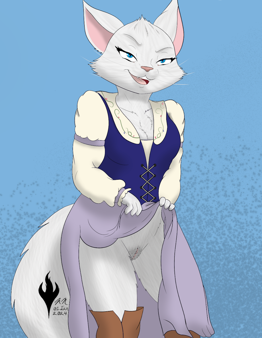 blue_eyes dreamworks dress dulcinea felid feline large_eyes lifting_skirt mouth mouth_open netflix purple_dress puss_in_boots_(dreamworks) puss_in_boots_(franchise) pussy pussy_peek shrek_(series) standing tail teeth the_adventures_of_puss_in_boots white_fur