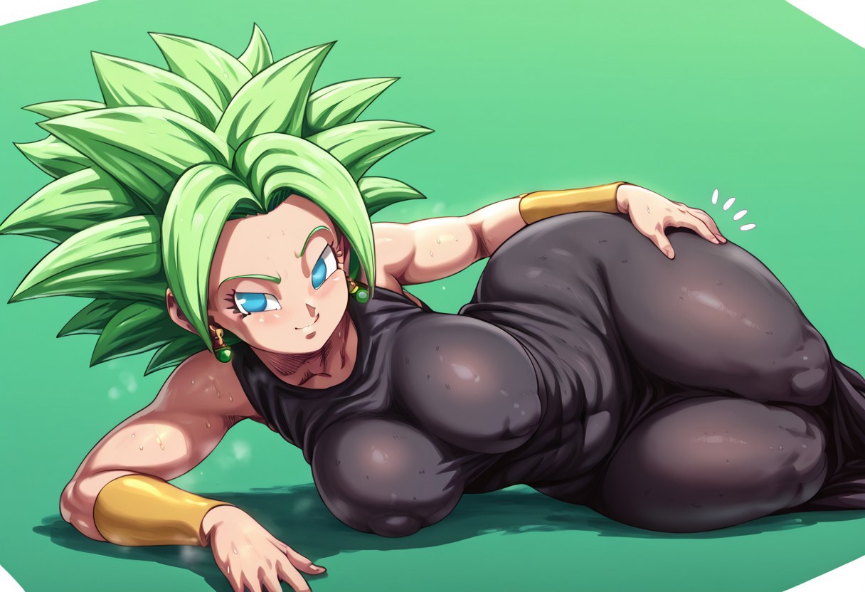 ai generated, big breasts, black dress, blue eyes, breasts, dragon ball, dragon ball super, dress, dressed, female, fusion, green hair, kefla, lying, lying on side, potara earrings, sweatdrop, sweaty, thick thighs, zeca997