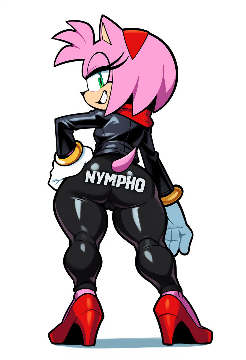 ai_generated amy_rose anthro ass ass_focus black_clothing escort female female_only fur furry grin leather leather_clothing leather_jacket leather_pants looking_at_viewer looking_back novelai rear_view sonic_(series) sonic_the_hedgehog_(series) text text_on_clothing that_guy9001 tight_clothing