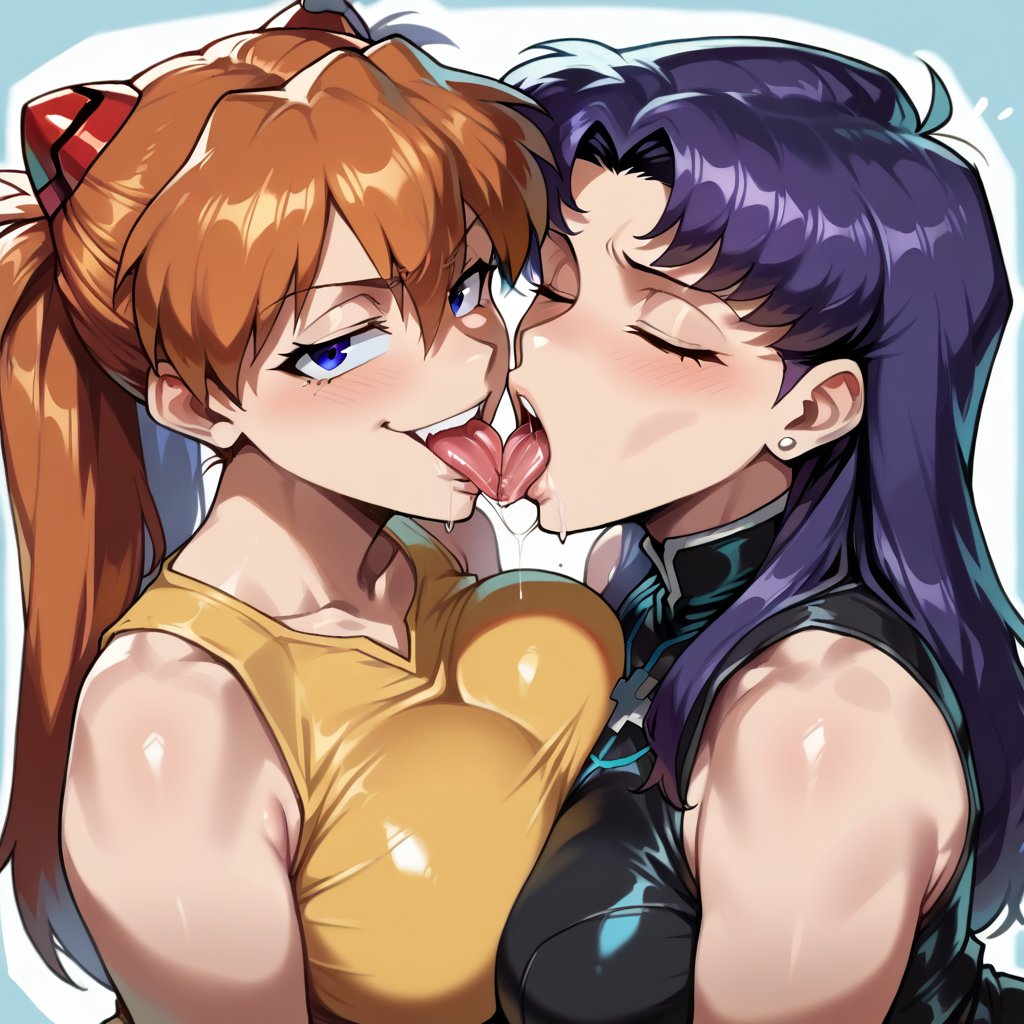 age_difference ai_generated asuka_langley_sohryu athletic_female big_breasts blue_eyes breasts_squeezed_together closed_eyes french_kiss gigantic_breasts huge_breasts large_breasts light-skinned_female light_skin long_hair looking_at_viewer massive_breasts mature_female milf misato_katsuragi neon_genesis_evangelion orange_hair purple_hair smogai squatting sweat sweatdrop thick_body thick_female tongue_out twintails voluptuous voluptuous_female yuri