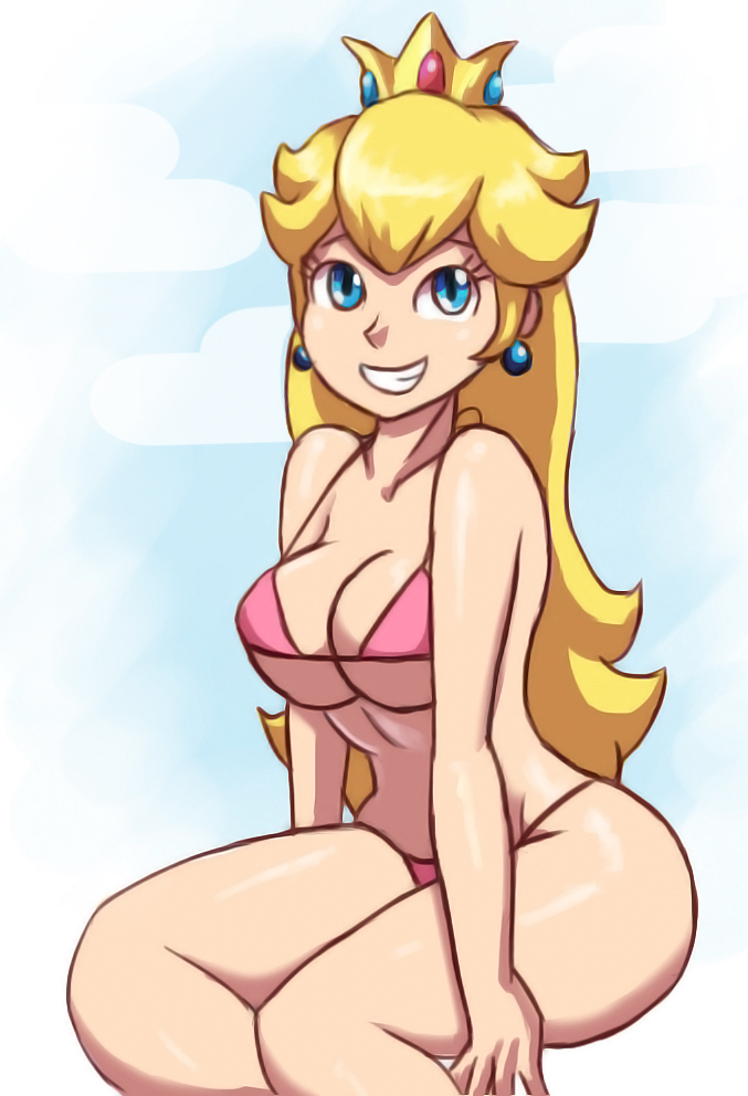 1girls, alternate breast size, bikini, breasts, female, female only, long hair, mario (series), nintendo, outdoors, pink bikini, princess peach, rexend, sitting, sky, smile, solo, swimsuit, thick thighs, thighs