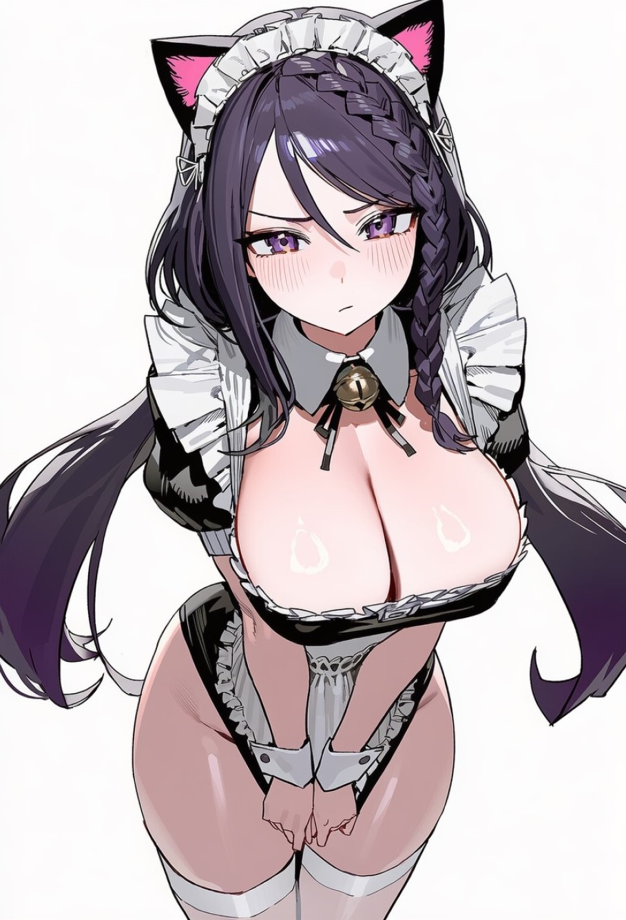 1girls, ai generated, bell, bell collar, big breasts, black survival, blush, braid, breasts, cat ears, cleavage, covering crotch, eternal return: black survival, hyejin (black survival), long hair, looking at viewer, maid, maid headdress, maid uniform, purple hair, shiny skin, shy, thick thighs, thighhighs, thighs, white thighhighs, wide hips