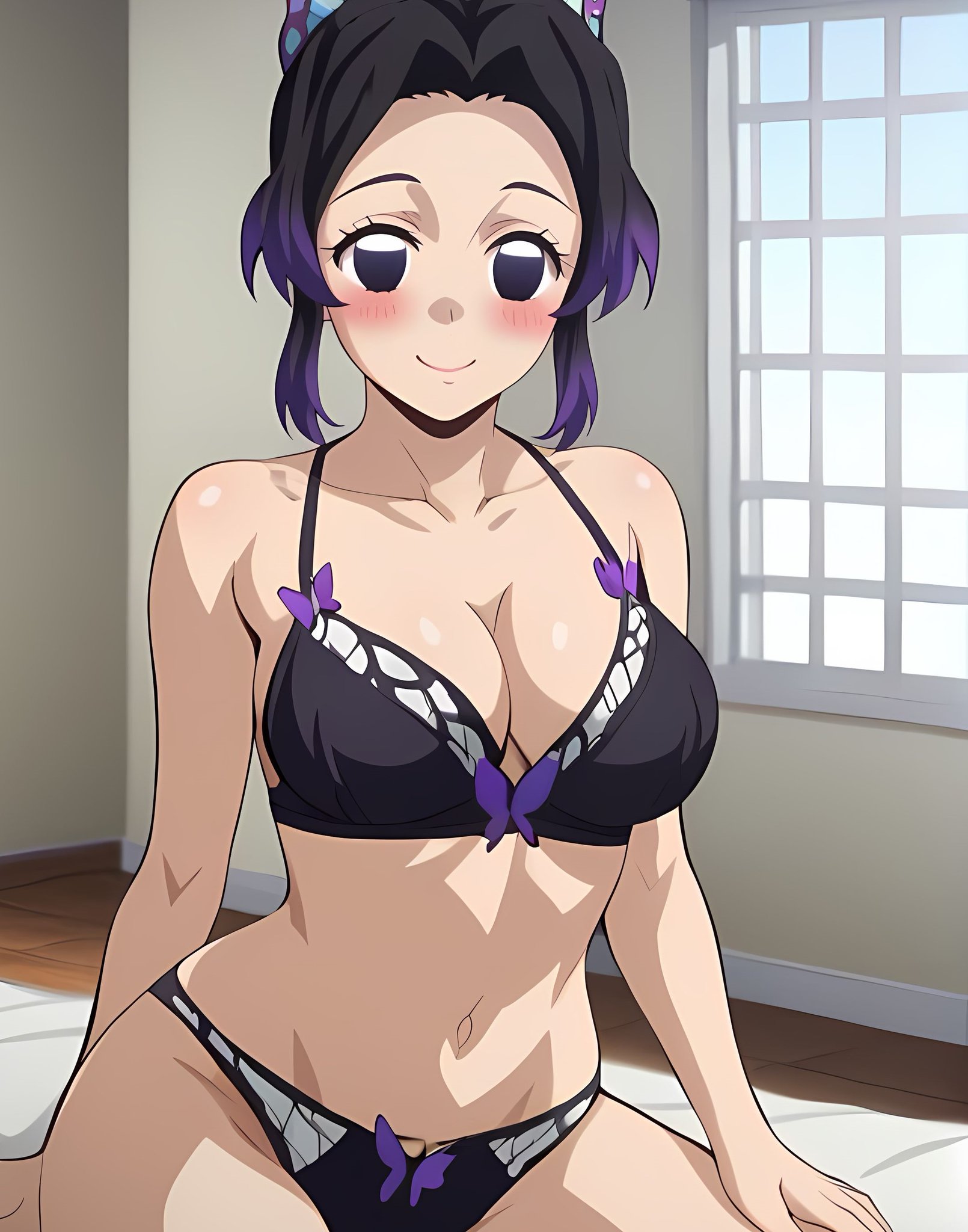 1girls, ai generated, bikini, butterfly hair ornament, demon slayer, female, kimetsu no yaiba, kochou shinobu, looking at viewer, panties, purple eyes, purple hair, smile, solo