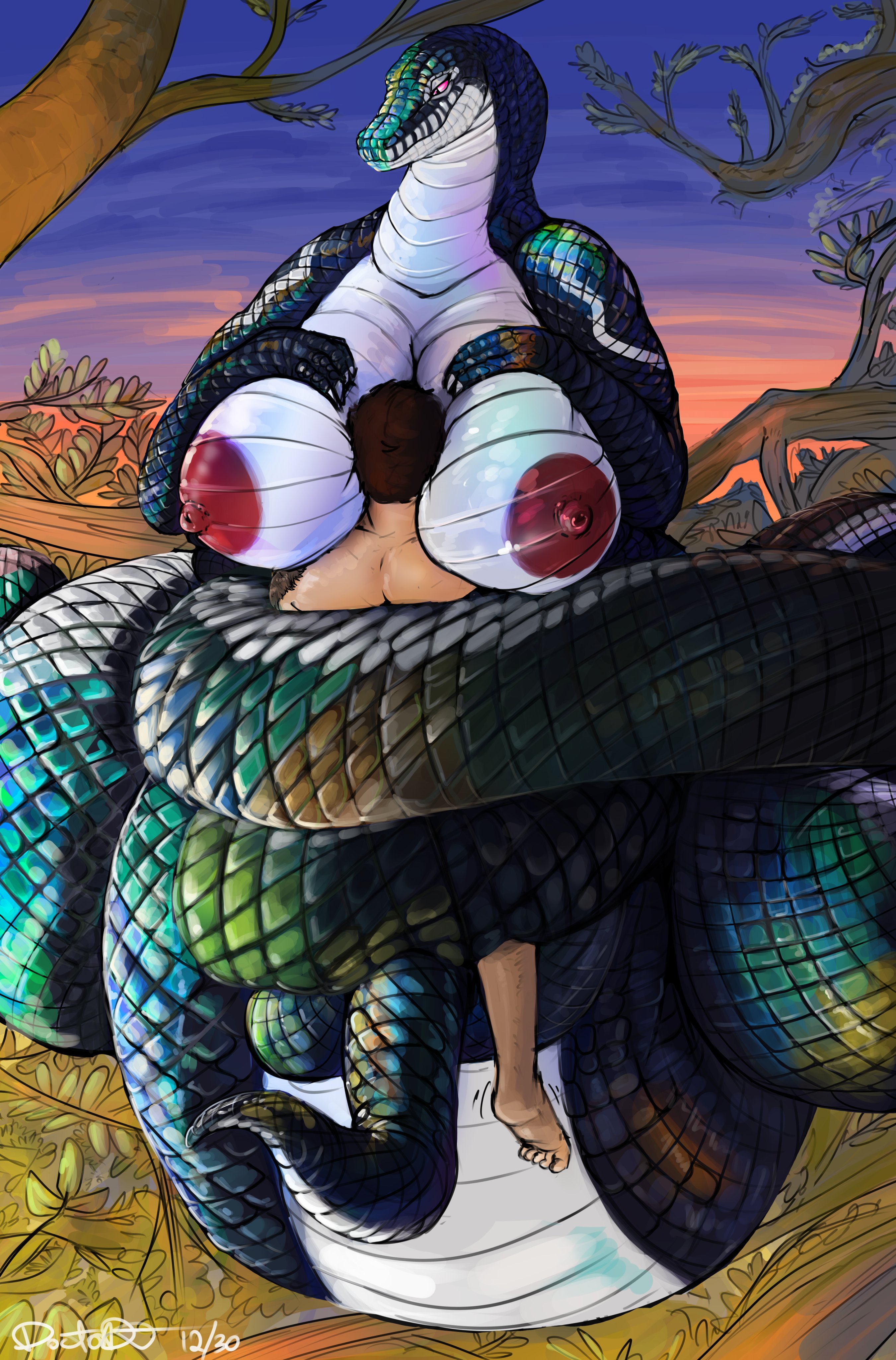 anthro, doctordj, female, larger female, male, smaller male, snake, snake girl, taller female