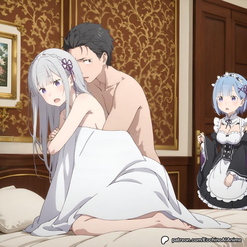 ai_generated doggy_style ecchinoaianime elf elf_ears elf_female emilia_(re:zero) long_hair maid_headdress maid_uniform natsuki_subaru re:zero_kara_hajimeru_isekai_seikatsu rem_(re:zero) sex_under_blanket silver_hair violet_eyes voyeurism