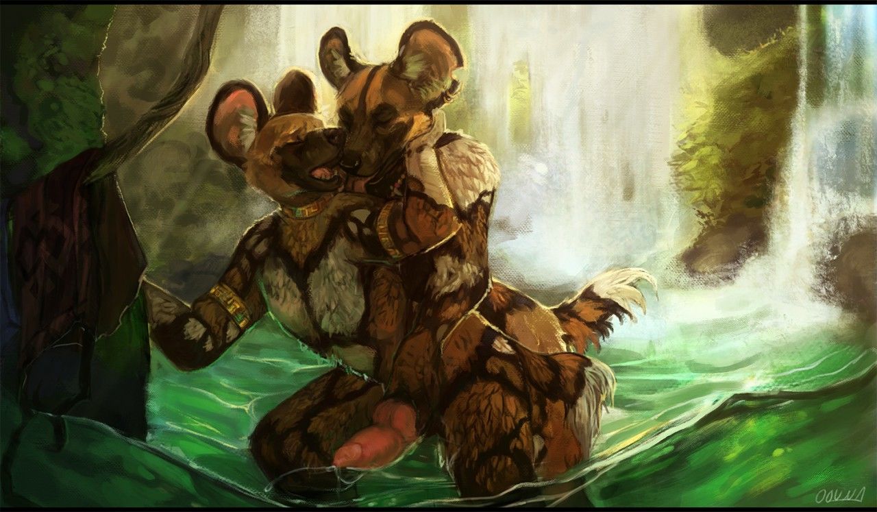 anal animal_genitalia anthro caraid closed_eyes forest furry knot male tree waterfall yaoi