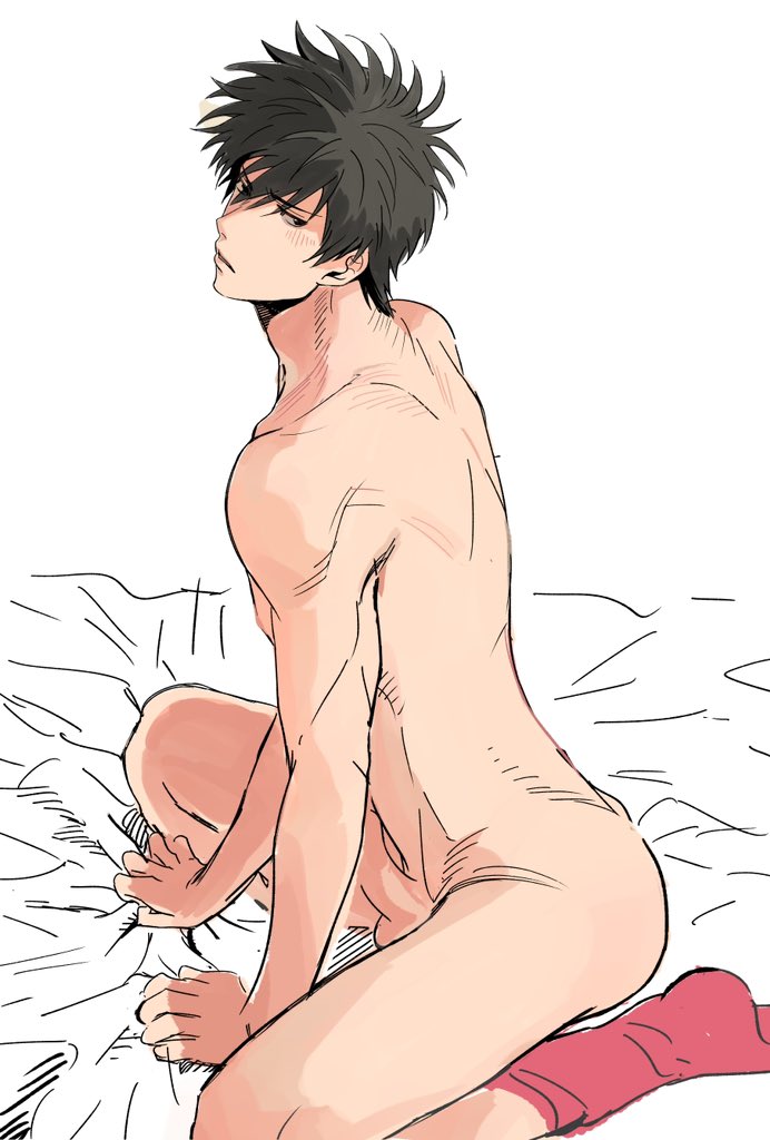 black_hair blush completely_nude embarrassed erection full_body gintama hijikata_toshiro looking_back male male_only nude penis sapomu4 sheet_grab shy sitting socks solo toned toned_male