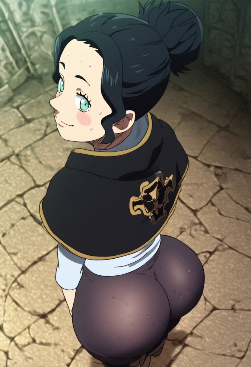 ai_generated ass ass_focus ass_up big_ass big_butt black_bulls_uniform black_clover black_hair blush bubble_ass bubble_butt charmy_papittoson dumptruck_ass dumptruck_butt fat_ass fat_butt female female_only green_eyes hair_bun shortstack smug zeca997