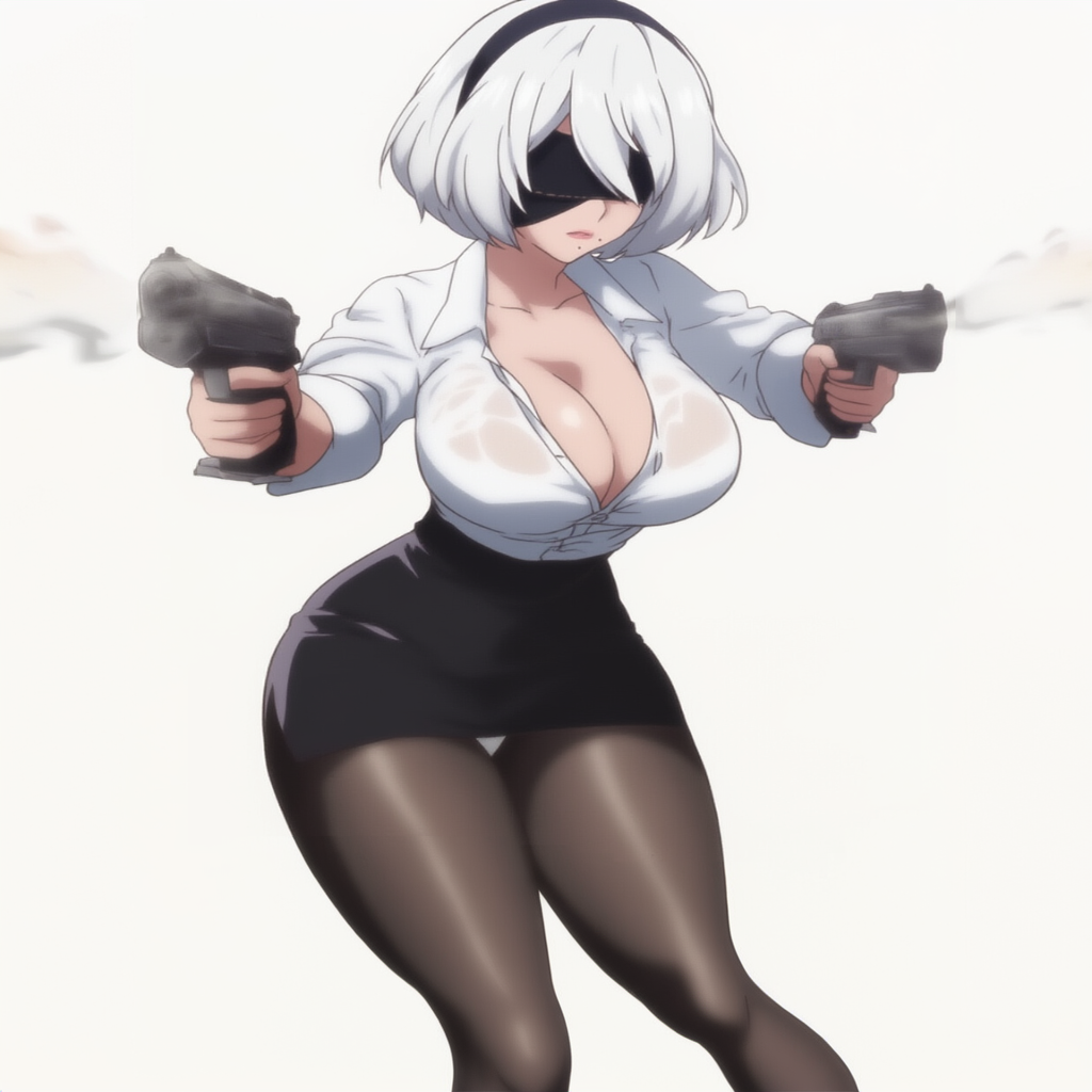 blindfold cleavage guns legs nier:_automata nier_(series) pencil_skirt pistols shot skirt white_hair yorha_2b