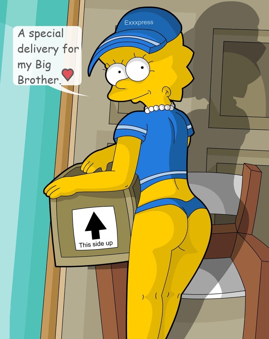 ass, blue hat, buttcheeks, delivery employee, delivery girl, edit, female, lisa simpson, micro shorts, necklace, package, sexy, the simpsons, thighs, uniform, unknown artist, yellow skin, younger sister