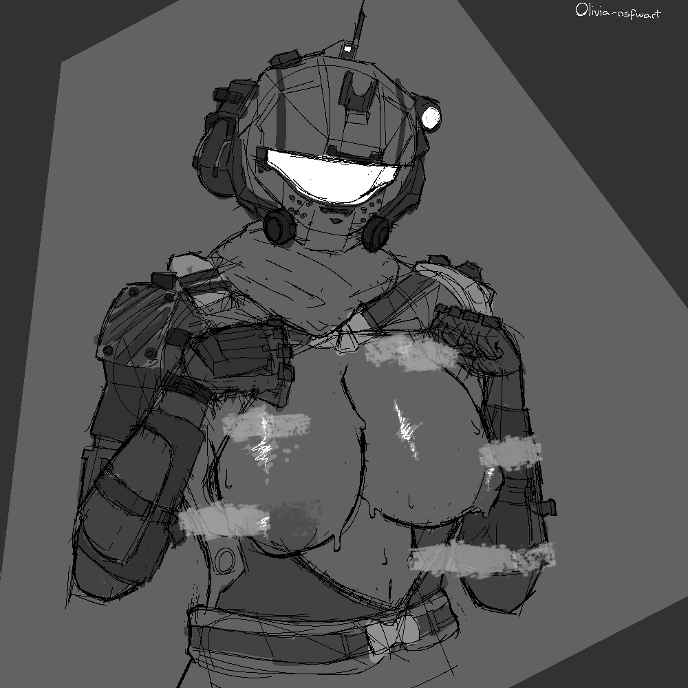 areola areolae armor belly_button big_breasts clothed female flashing flashing_breasts grayscale helmet monochrome musk musk_clouds nipples olivia-nsfwart pilot_(titanfall) pulse_blade_pilot sketch solo sweat sweaty titanfall titanfall_2 wet