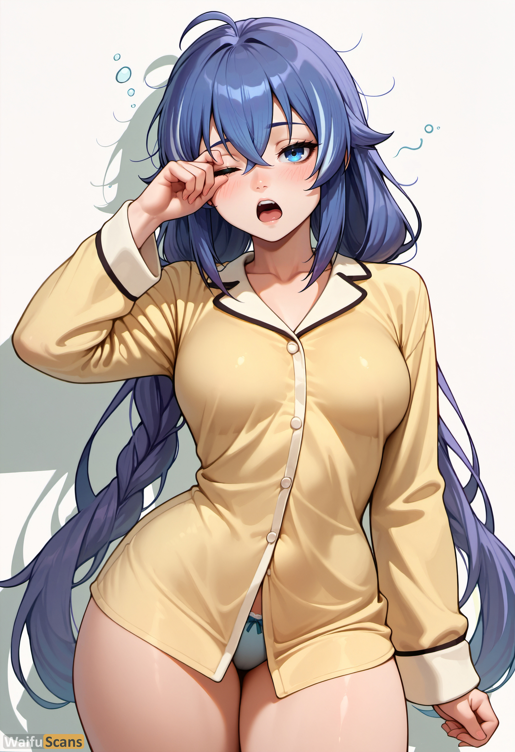 1girls, ai generated, artist name, female, female only, high resolution, highres, messy hair, mushoku tensei, panties, roxy migurdia, rubbing eyes, sleepy, solo, stable diffusion, waifuscans418, watermark