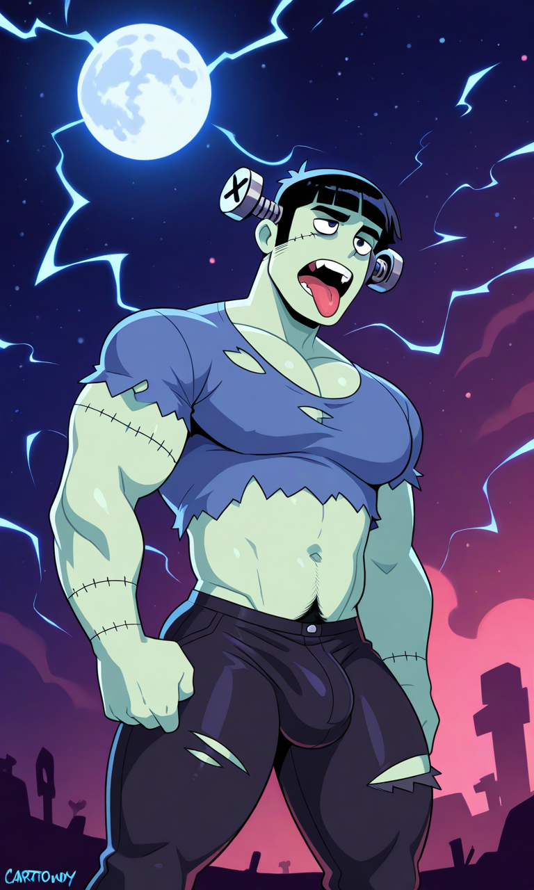 ai_generated black_hair bulge bulge_in_pants bulge_through_clothing bulge_under_clothes clothed clothing crop_top electricity frankenstein frankenstein's_monster frankenstein's_monster_(cosplay) frankenstein_costume full_moon fully_clothed happy_trail huge_pecs male male_focus male_only moon moonlight muscular open_mouth pants pecs pectorals ripped_clothing ripped_pants ripped_shirt shirt solo solo_focus solo_male starry_background starry_sky stiched stiches stiching thick_thighs thick_thighs_save_lives tongue tongue_out torn_clothes torn_clothing