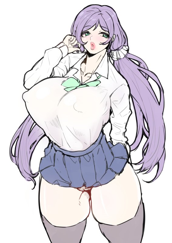 1girls breasts curvy erect_nipples female gero_1992 green_eyes huge_breasts lips long_hair looking_at_viewer love_live! love_live!_school_idol_project parted_lips pleated_skirt plump purple_hair pussy school_uniform skirt solo thick_thighs tied_hair toujou_nozomi twintails white_background