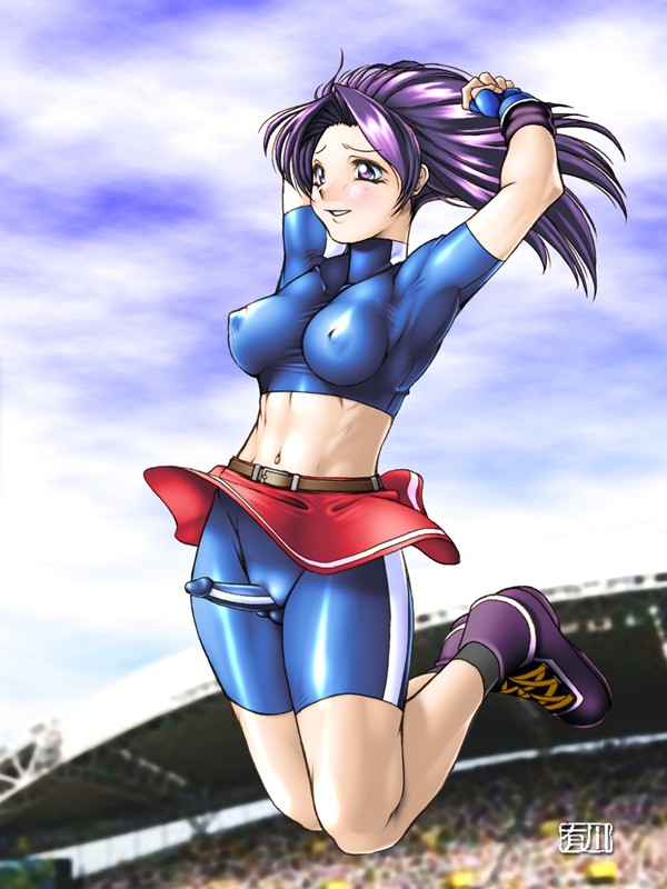 athena_asamiya belt breasts erect_nipples erection fat_mons futa_only futanari gloves intersex jumping king_of_fighters large_breasts long_hair penis purple_eyes purple_hair skirt smile snk socks stadium tenis_shoes