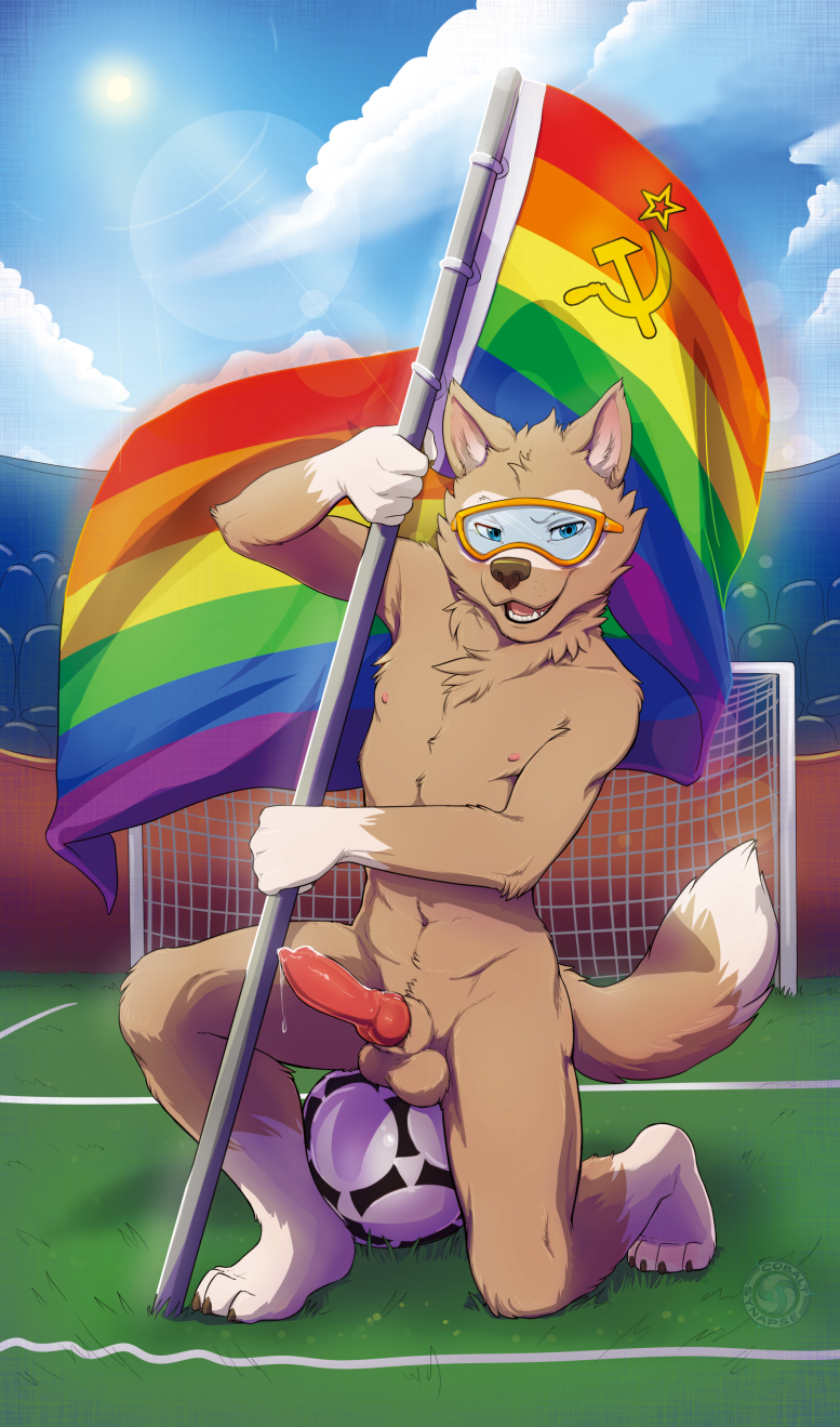 animal_genitalia animal_penis anthro athletic ball balls canine canine_penis cobaltsynapse dripping erection eyewear furry goggles hammer_and_sickle kneeling knot looking_at_viewer male mammal naughty_face nipples nude outdoors penis pinup pose precum public rainbow_flag rainbow_symbol sheath signature soccer_ball solo stadium yaoi zabivaka