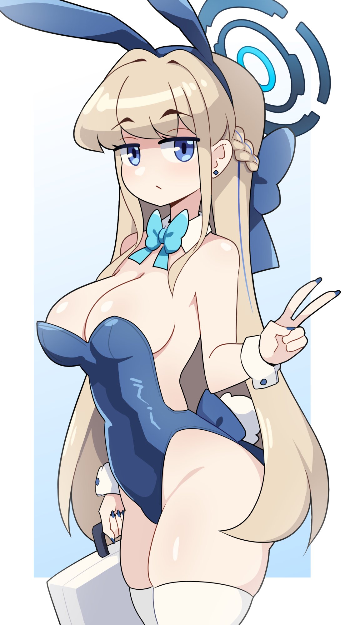 1girls blonde_hair blue_archive blue_eyes braided_hair briefcase bunny_ears bunny_ears_(cosmetic) bunny_tail bunnysuit detached_collar eyebrows_visible_through_hair female female_only hair_ribbon hi_res j5daigada long_hair looking_at_viewer neck_ribbon solo thick_thighs thighhighs toki_(blue_archive) toki_(bunny)_(blue_archive) unamused v_sign white_thighhighs wrist_cuffs