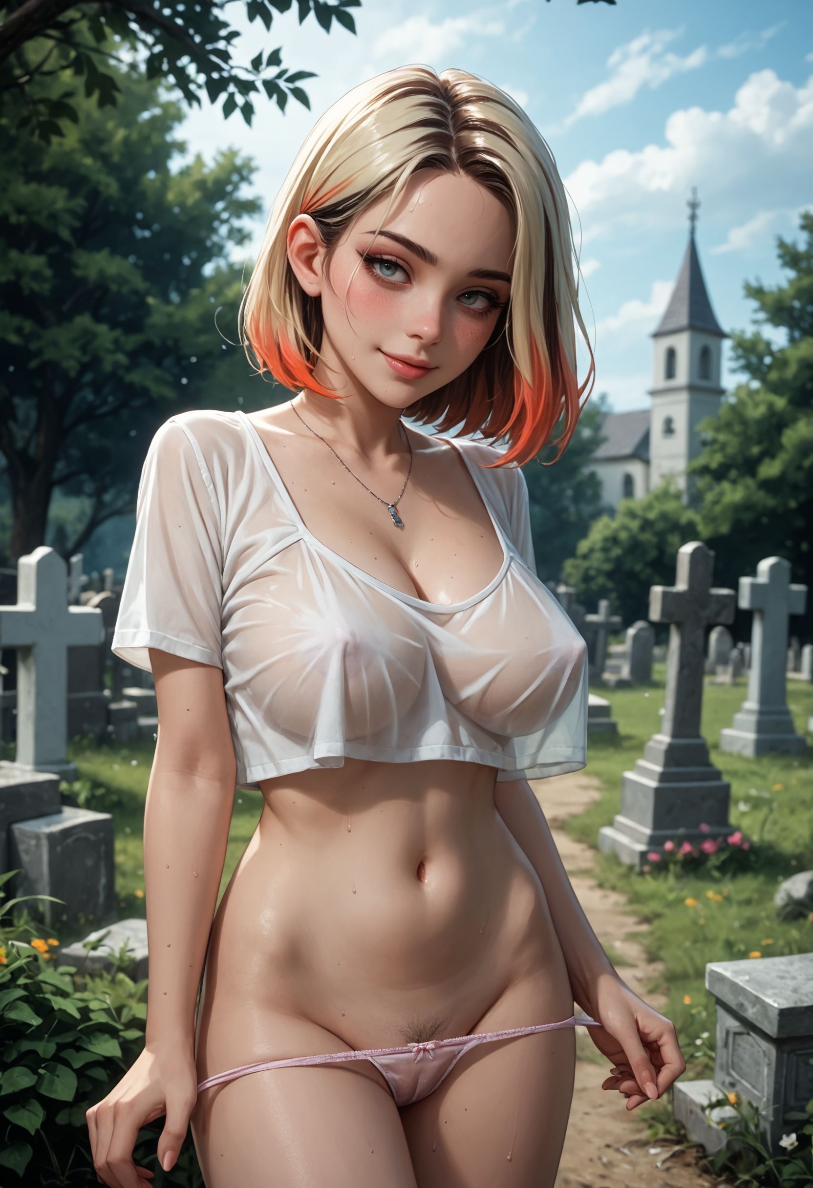 1girls, ai generated, breasts, covered nipples, female, female only, graveyard, helpful science, large breasts, light skin, light-skinned female, looking at viewer, multicolored hair, outdoors, panties, panty pull, photorealistic, realistic, see-through, see-through clothing, short hair, smile, solo, teenager, two colored hair