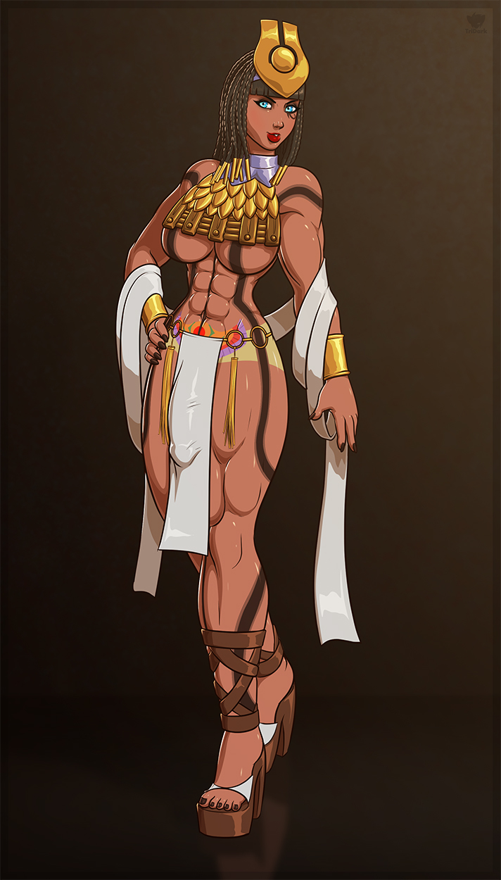 1futa, abs, blue eyes, braid, bulge, dark skin, dark-skinned futa, egyptian, futa only, futanari, heels, high heels, intersex, loincloth, muscles, nishara kissmeht, solo, solo futa, thick thighs, tridark