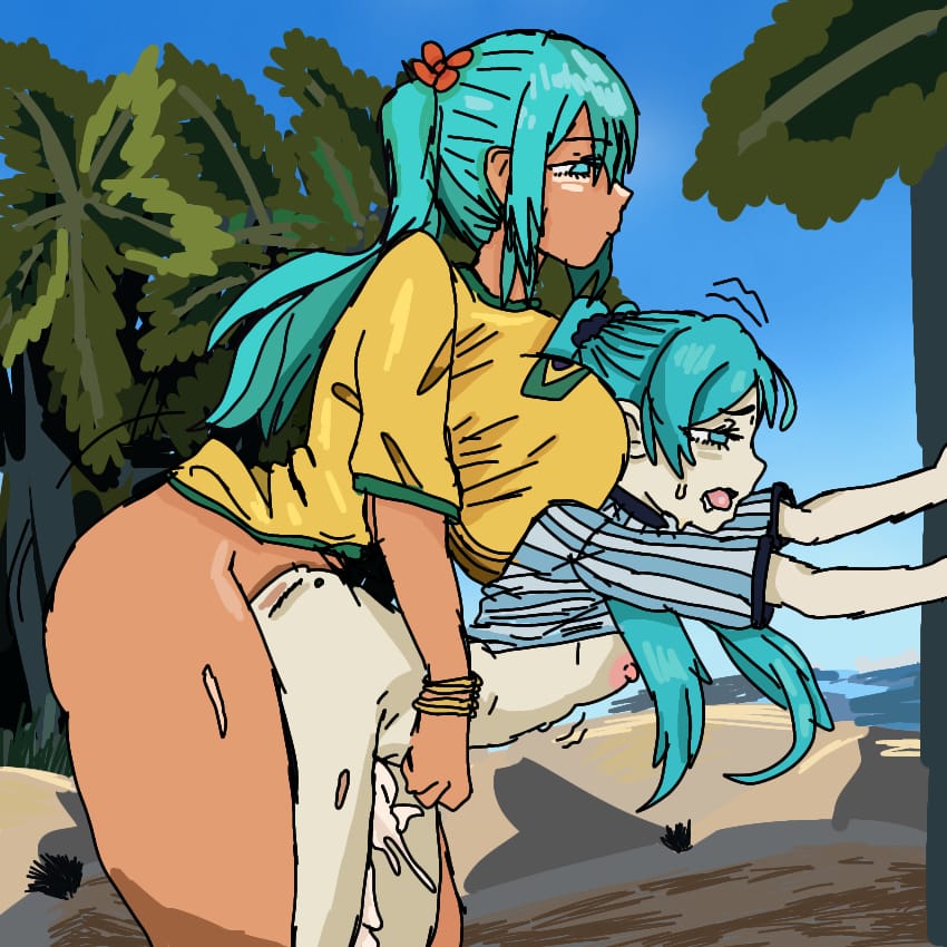 argentinian argentinian_miku beach beach_background big_ass big_breasts bigger_female bigger_futa blue_eyes blue_hair bracelet bracelets brazil_shirt brazilian brazilian_female brazilian_futa brazilian_miku cum_drip cum_in_pussy cum_inside futanari hatsune_miku ore_e_mori ponytail small_breasts smaller_female tanned tanned_female tanned_skin traced_art tree vocaloid white_skin