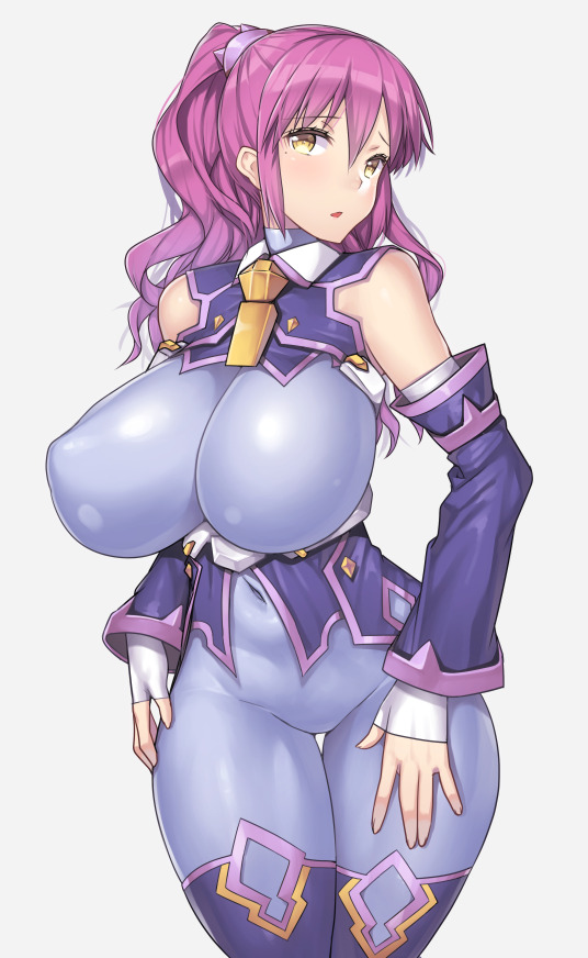 big breasts, bodysuit, breasts, clothed, covered nipples, female, impossible clothes, large breasts, long hair, looking at viewer, mole, nagase haruhito, original, parted lips, ponytail, puffy nipples, purple bodysuit, purple hair, skin tight, solo, thick thighs, thigh gap, thighs, voluptuous, wide hips, yellow eyes