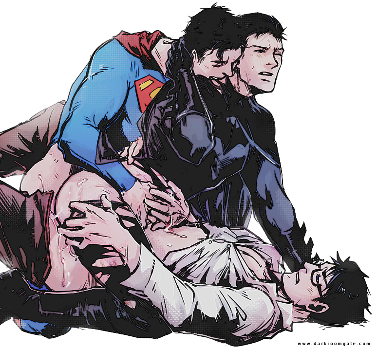 3boys, anal penetration, anal sex, ass, bara, batman, batman (bruce wayne), batman (series), biting, black hair, blue eyes, blush, bruce wayne, clark kent, closed eyes, cum, cum in ass, cum while penetrated, dc, dc comics, double anal, double penetration, duplicated character, gay, gay sex, glasses, haining, hand on penis, holding head, kal-el, kissing neck, male, male only, multiple boys, multiple males, muscles, pants down, penis, pixiv id 959546, superbat, superman, superman (clark kent), superman (series), sweat, threesome, torn clothes, yaoi