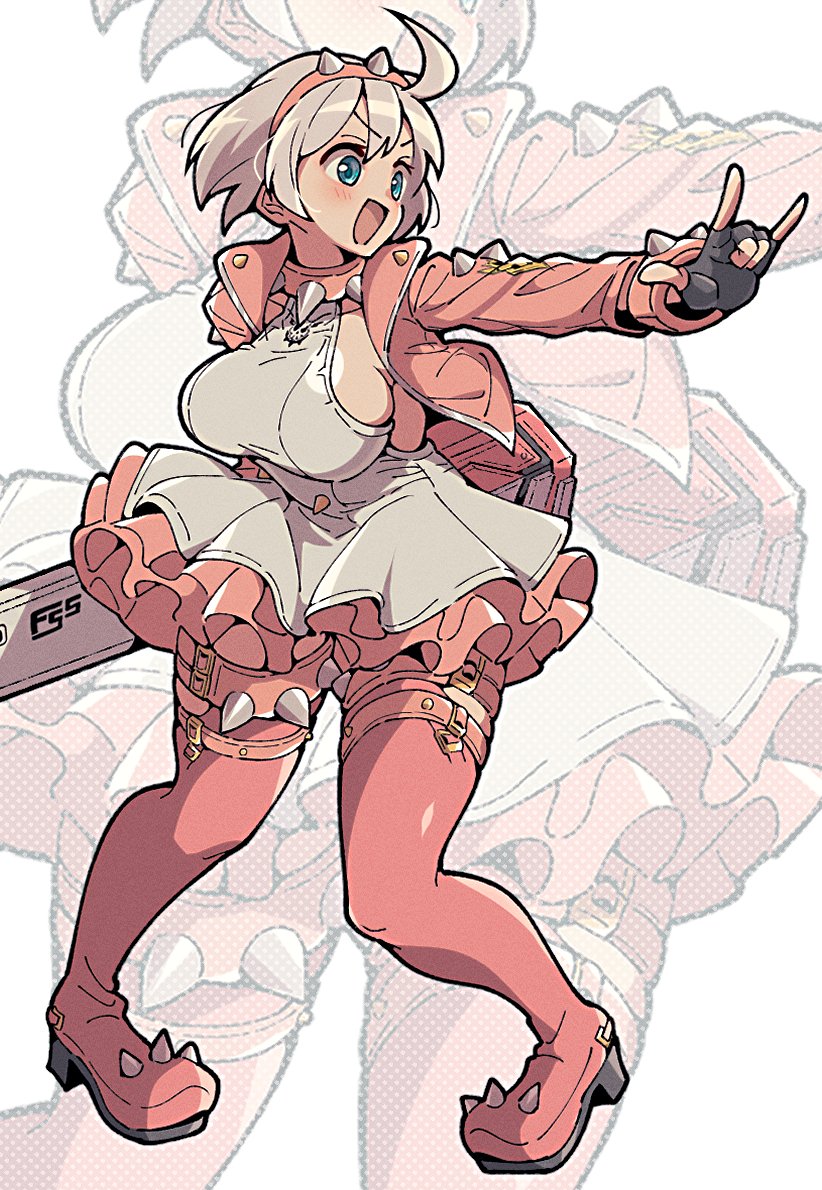 ahoge belt big_breasts blue_eyes bob_cut elphelt_valentine guilty_gear guilty_gear_strive huge_breasts huge_thighs itsuka_neru pink_hair smile thighs weapon white_hair