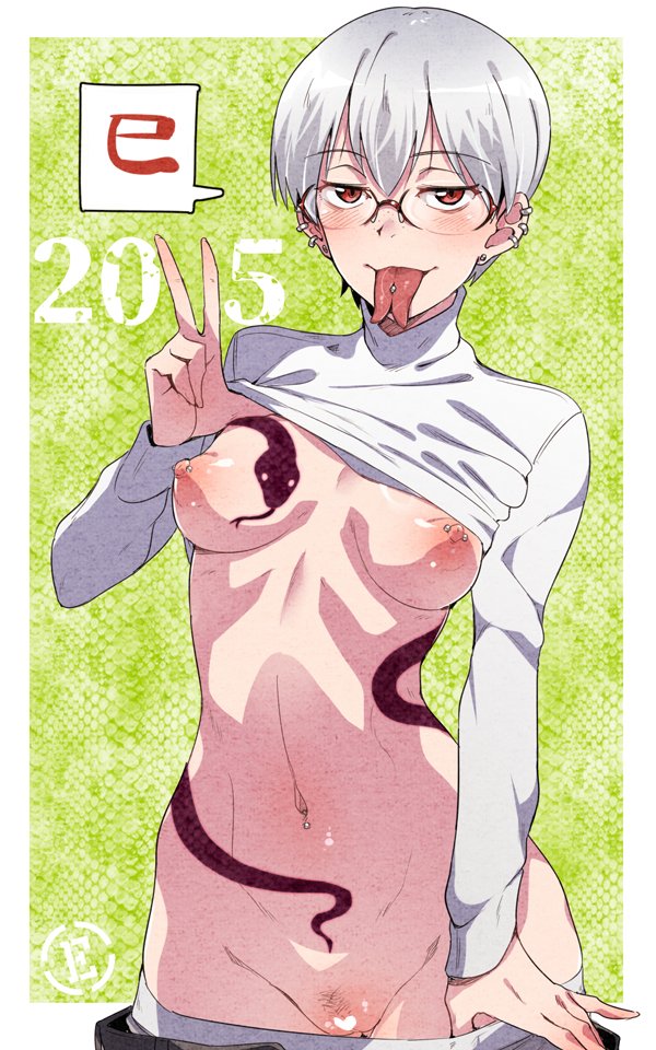 clothes_lift ear_piercing em_(totsuzen_no_hakike) female forked_tongue glasses grey_hair looking_at_viewer navel_piercing nipple_piercing original piercing pubic_hair red_eyes shirt_lift short_hair snake_tattoo solo tattoo tongue tongue_out tongue_piercing v