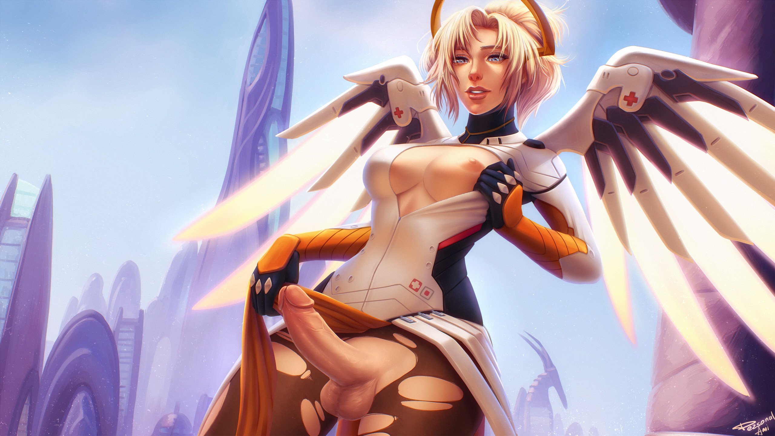 1futa, areola, balls, balls under clothes, blonde hair, blue eyes, bodysuit, bottomless loincloth, breasts, cleavage, crotchless, dickgirl, erect nipples, erection, erection under clothes, erection under loincloth, futa only, futanari, human, intersex, large breasts, large penis, loincloth, loincloth lift, long hair, looking at viewer, looking down, mercy, nipples, no panties, numbani (map), one breast out, overwatch, pantyhose, penis, penis out, penis under clothes, penis under loincloth, personalami, ponytail, pubic hair, pussy, solo, standing, text, tied hair, torn clothes, torn pantyhose, wings