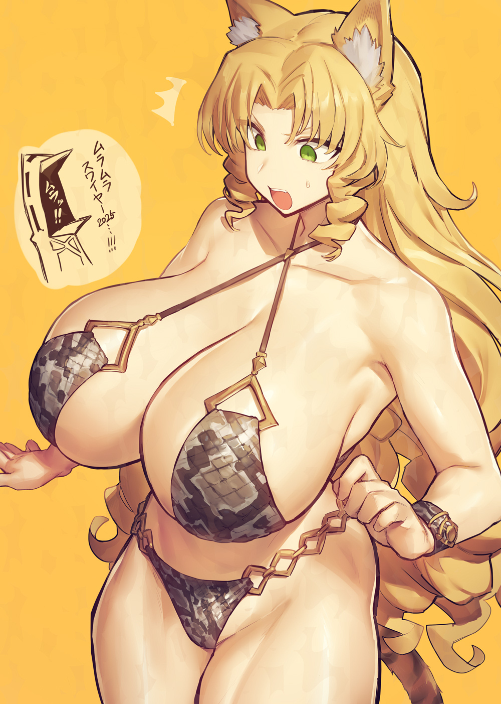 1girls animal_ears arknights bikini chain_bikini female female_only green_eyes huge_breasts melon22 sideboob surprised swire_(arknights)