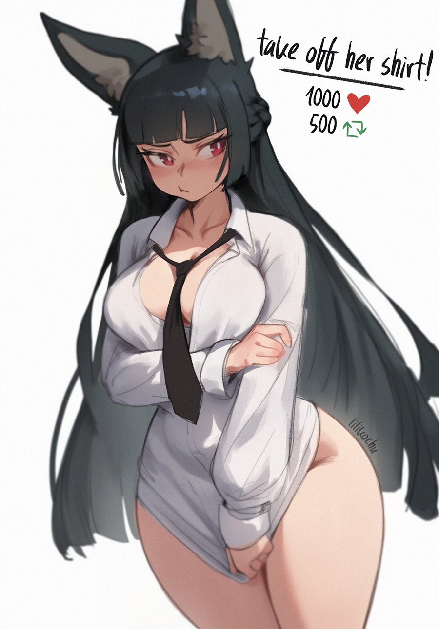 1girls, animal ears, blunt bangs, female, fox ears, hoshimi miyabi, light skin, light-skinned female, lilikochu, looking at viewer, tagme, thick thighs, tie, zenless zone zero