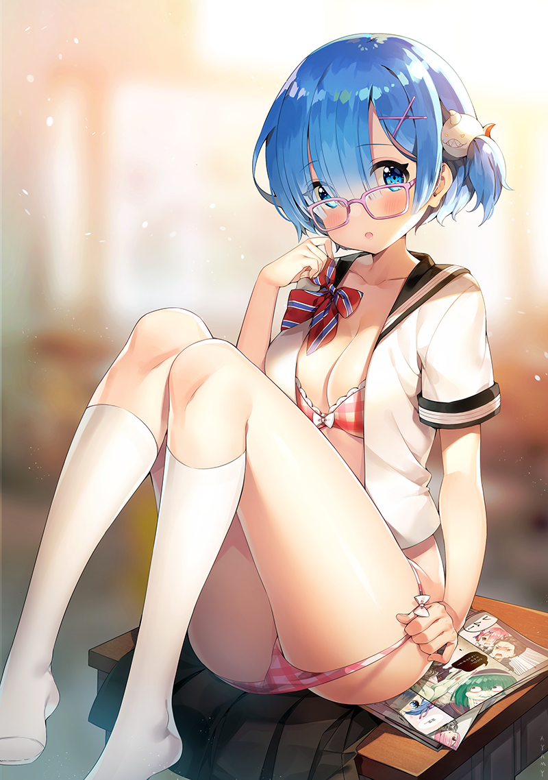 alternate_hairstyle ass_visible_through_thighs ayamy bare_legs bare_thighs blue_eyes blue_hair blush bra breasts classroom cleavage collarbone feet glasses hair_ornament indoors medium_breasts open_shirt panties panty_pull parted_lips re:zero_kara_hajimeru_isekai_seikatsu red_bra red_panties rem_(re:zero) school_uniform shiny_skin short_hair side_ponytail sitting thighhighs thighs underwear undressing white_thighhighs