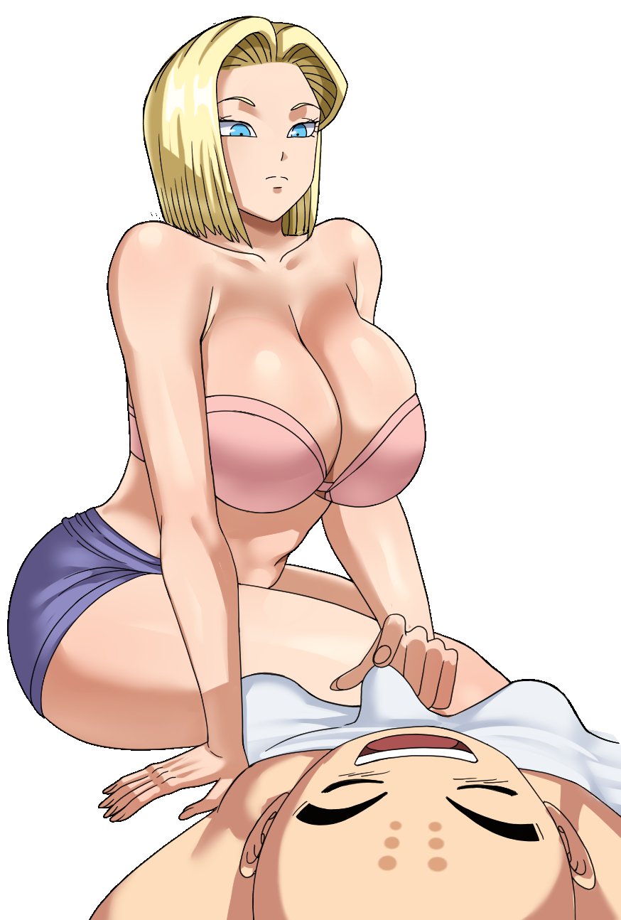 1boy 1girls android_18 artist_request big_boobs big_breasts blonde_female blonde_hair blonde_hair_female blue_eyes blue_eyes_female boobs breasts bulge bulge_through_clothing clothed clothed_female clothed_male disappointed disappointed_expression disappointed_look dragon_ball dragon_ball_z female husband_and_wife krillin kuririn light-skinned_female light-skinned_male light_skin male monk small_bulge small_penis wife_and_husband