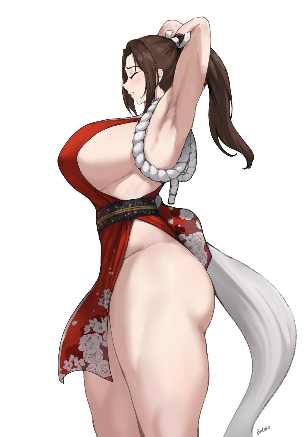 2d 2d_(artwork) asian asian_female ass bakaatako batako big_ass big_breasts big_butt breasts brown_hair brown_hair_female brunette_hair fatal_fury female_ninja king_of_fighters kunoichi light-skinned_female light_skin mai_shiranui ninja shinobi side_view sideboob stretching suggestive_clothes suggestive_clothing video_game_character