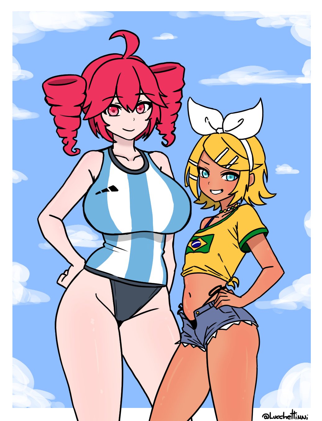 2d 2d_(artwork) 2girls ahoge big_breasts blue_eyes brazilian_female breasts cleft_of_venus daisy_dukes female female_only flat_chest hairbow height_difference huge_breasts kagamine_rin kasane_teto large_breasts red_eyes red_hair short_shorts shorts small_breasts swimwear tank_top tanned_female thick_thighs twin_drills utau vocaloid yellow_hair