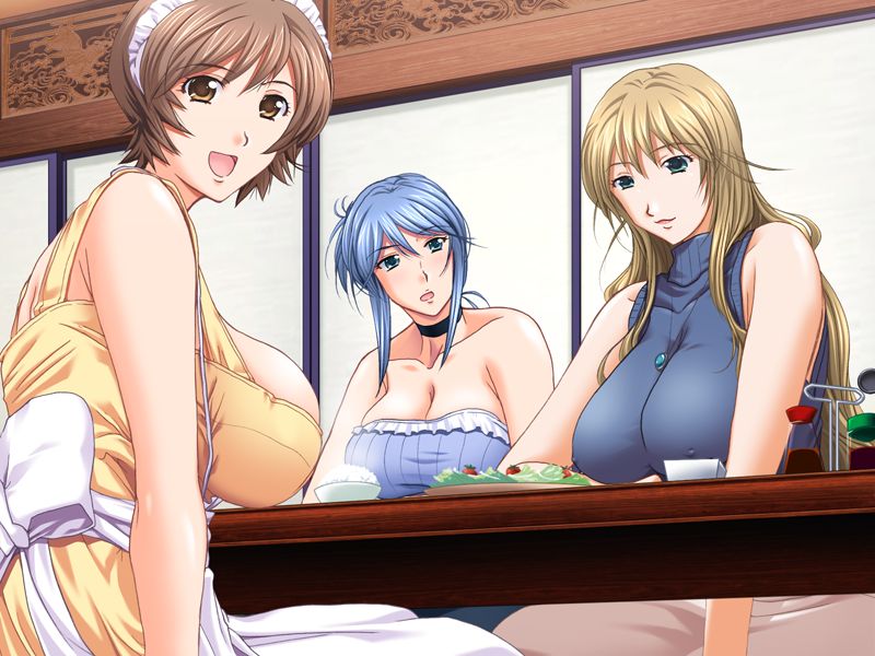 13cm 3girls bare_shoulders blonde_hair blonde_hair_female blue_hair blue_hair_female breasts brown_hair brown_hair_female cleavage clothed_female desk female female_only game_cg gigantic_breasts huge_breasts large_breasts long_blonde_hair long_blue_hair long_hair long_hair_female maid_headdress massive_breasts meal multiple_girls nonomiya_momoko oohara_aoi rice salad sanjou_miku sauce shimai_tsuma_3 short_brown_hair short_hair short_hair_female soy_sauce