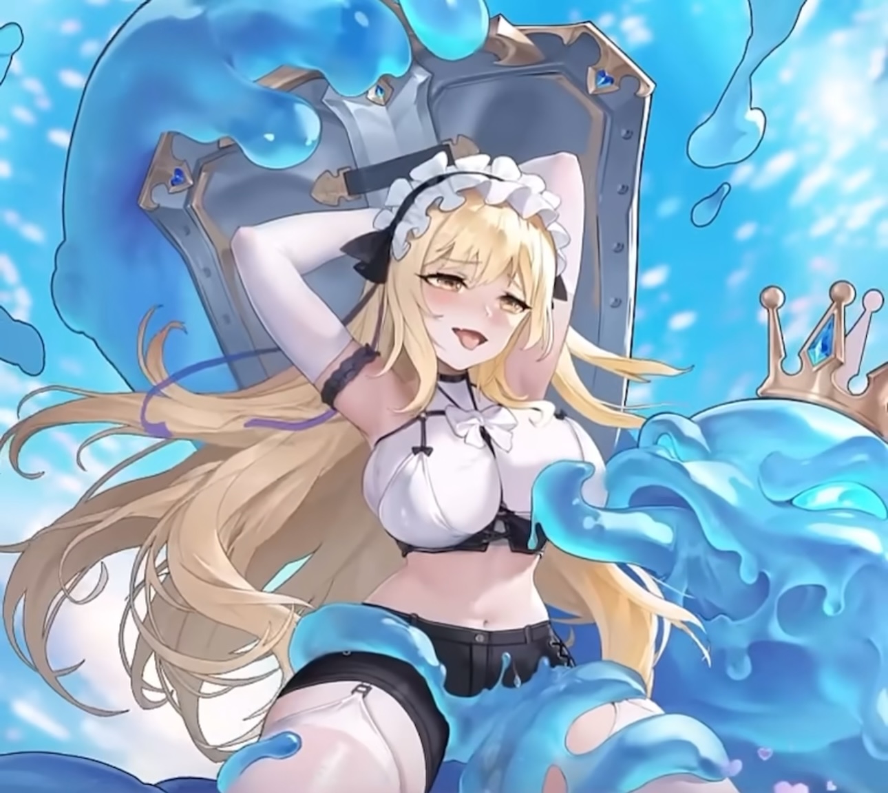 big breasts, blonde hair, breasts, eyes half open, female, hands behind head, hands up, licking tits, screenshot, tales of angels, trapped, waifu, water, wide hips, women