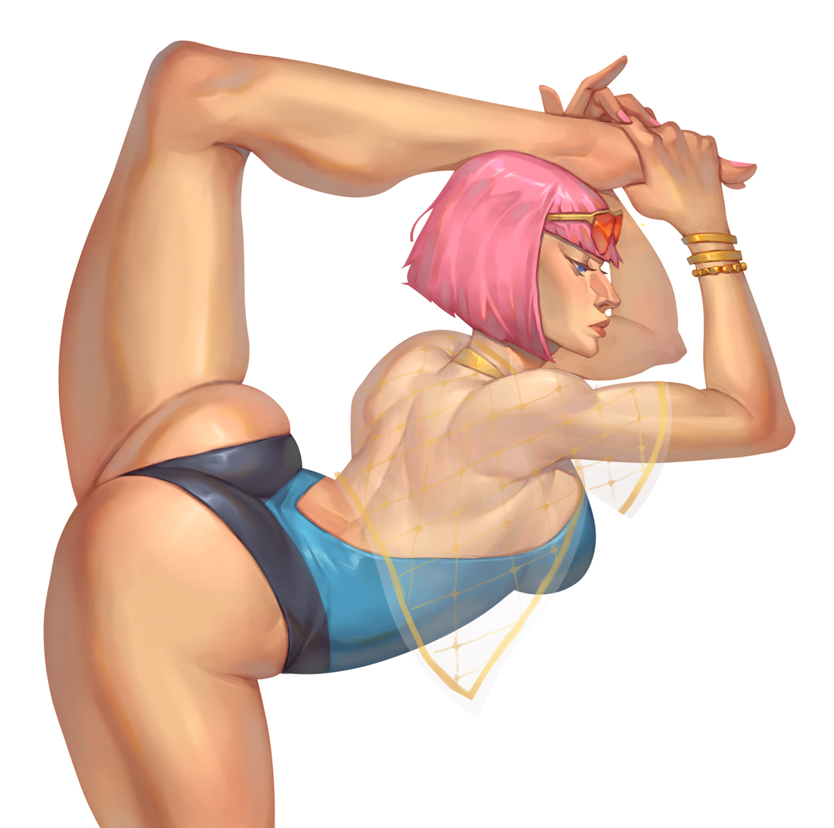 1girls, ass, ass focus, clothed, clothed female, dat ass, dat butt, female, glasses, glasses on head, manon legrand, mick cortes, pink hair, sketch, solo, street fighter, street fighter 6, stretching, swimsuit, white background