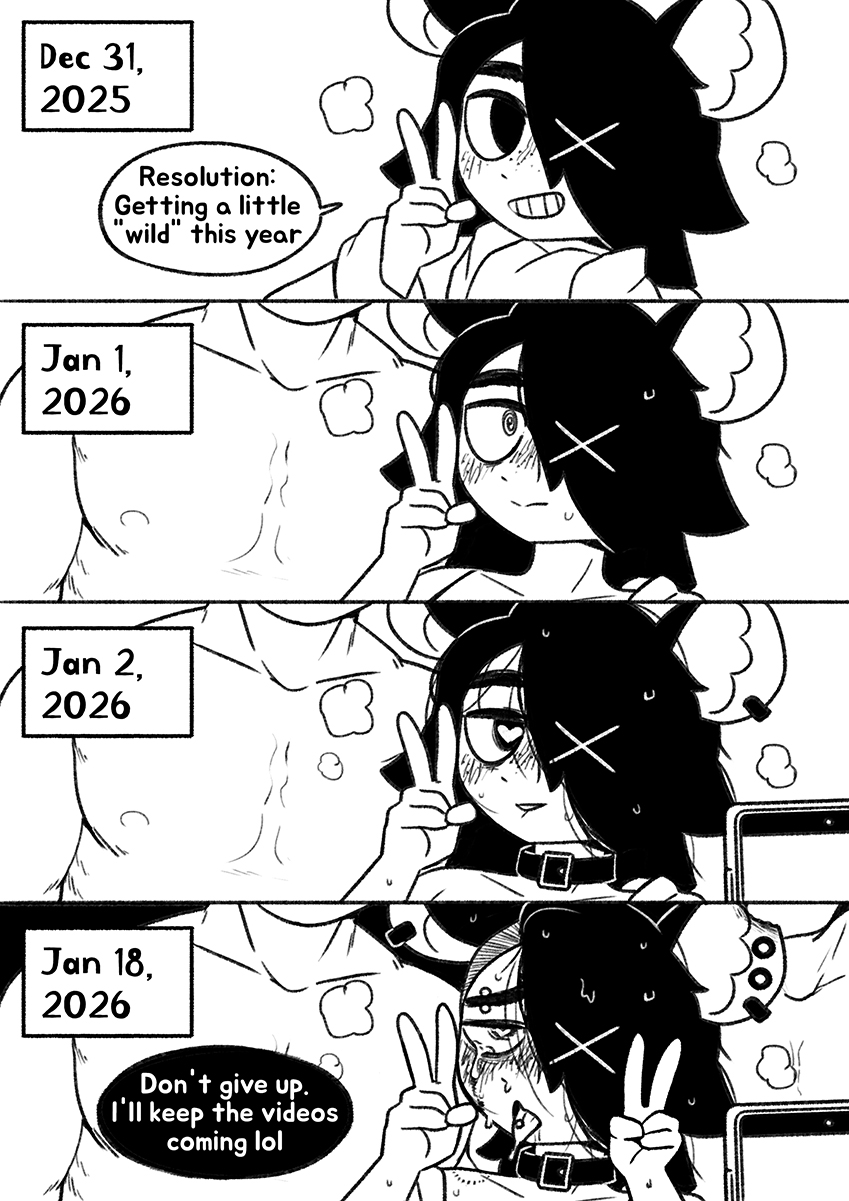1girls, bean smile, bite mark, biting lip, biting own lip, black hair, blush, breath, cho second, collar, comic, corruption, dialogue, double peace sign, ear piercing, english text, eyes rolling back, female, female focus, heart, heart-shaped pupils, looking at viewer, male, monochrome, mouse, mouse ears, mouse girl, muscular, muscular male, new year, new years resolution, one eye obstructed, original, original character, peace sign, piercing, piercings, pixiv link, recording, recording video, smile, talking to viewer, text, tongue, tongue out, tongue piercing, translated, twitter link, white body