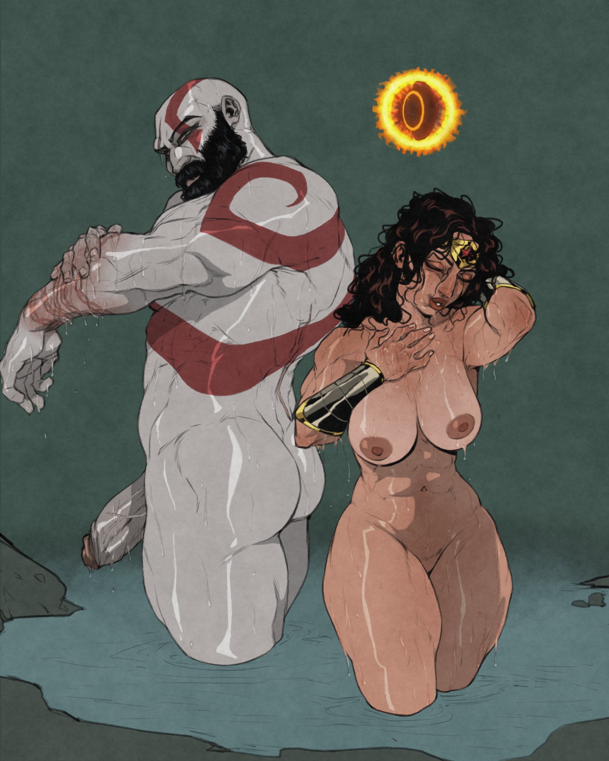 1boy, 1boy1girl, 1girl, 1girls, bathing, bathing together, beard, big penis, both sexes in same situation, bracelets of submission, circle button, closed eyes, co-ed, co-ed bathing, crossover, dc, dc comics, diana of themyscira, facing away, god of war, kratos, melykeyb, naked, naked female, naked male, partially submerged, scars, scars on arm, submerged feet, tagme, thick penis, wonder woman, wonder woman (series)