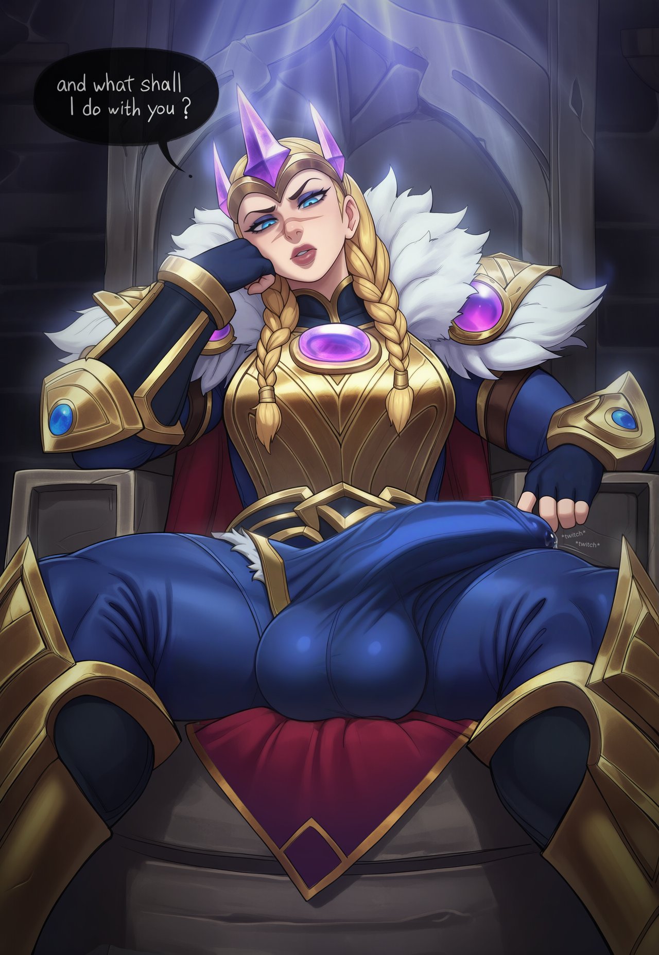 1futa, 2026, ai generated, armor, armored futa, ass, big ass, big balls, big breasts, big penis, blonde hair, blue eyes, breasts, bulge, bulge through clothing, casual, casual exposure, child bearing hips, cock, crown, curvaceous, curvaceous ass, curvaceous body, curvaceous figure, curvaceous futa, curvaceous hips, curvaceous thighs, curvy, curvy body, curvy figure, curvy futa, curvy hips, curvy thighs, dialogue, dick, fat cock, futa, futa cock, futa milf, futa mommy, futa only, futanari, gigantic penis, horny, horny futa, huge balls, huge cock, hung, hung futa, hyper balls, hyper penis, imminent fellatio, imminent oral, league of legends, long penis, looking at viewer, mature, mature body, mature figure, mature futa, milf, mommy, noonyx, penis, pent up, posing, posing for the viewer, precum, precum bubble, precum through clothing, queen, riot games, royalty, scar, sejuani, solo, solo futa, text, thick, thick ass, thick hips, thick legs, thick thighs, thighs, throbbing penis, throne, throne room, thunder thighs, tight clothing, veins, veiny, veiny penis, victorious sejuani, victorious series, voluptuous, voluptuous futanari, waifu, wide hips