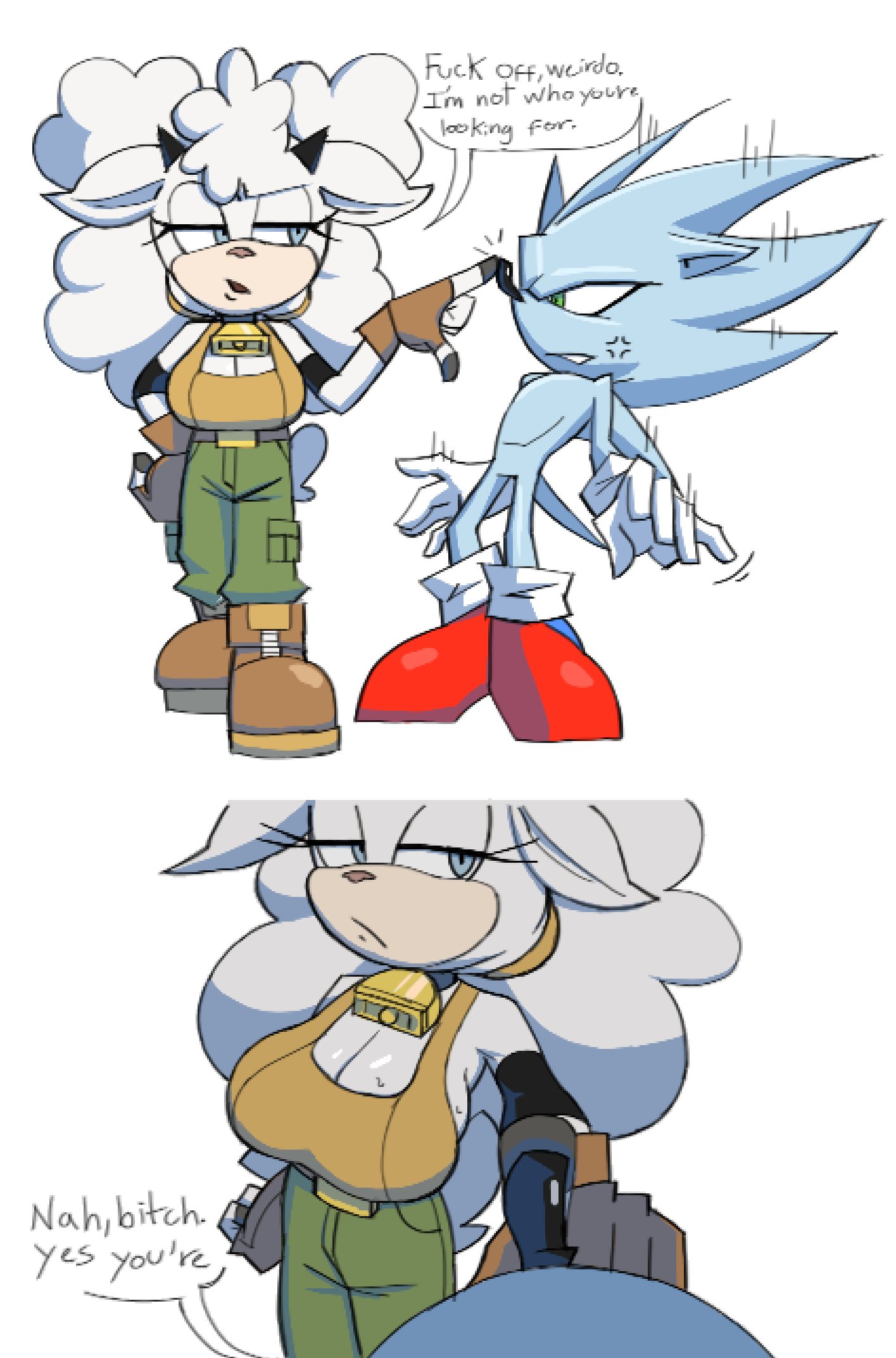 1boy, 1girls, anger vein, angry, anthro, bell, big breasts, blue body, blue eyes, blue fur, blue hair, breasts, brolycoochie, comic, cowbell, curly hair, dialogue, english text, eyelashes, eyeliner, female, furry, gloves, green eyes, hedgehog, hedgehog boy, horns, huge breasts, humanoid, imminent sex, lanolin the sheep, light skin, light-skinned female, male, nazo the hedgehog, nazo unleashed, sheep, sheep girl, shoes, simple background, sonic (series), tagme, text, uninterested, white background, white body, white fur, white hair