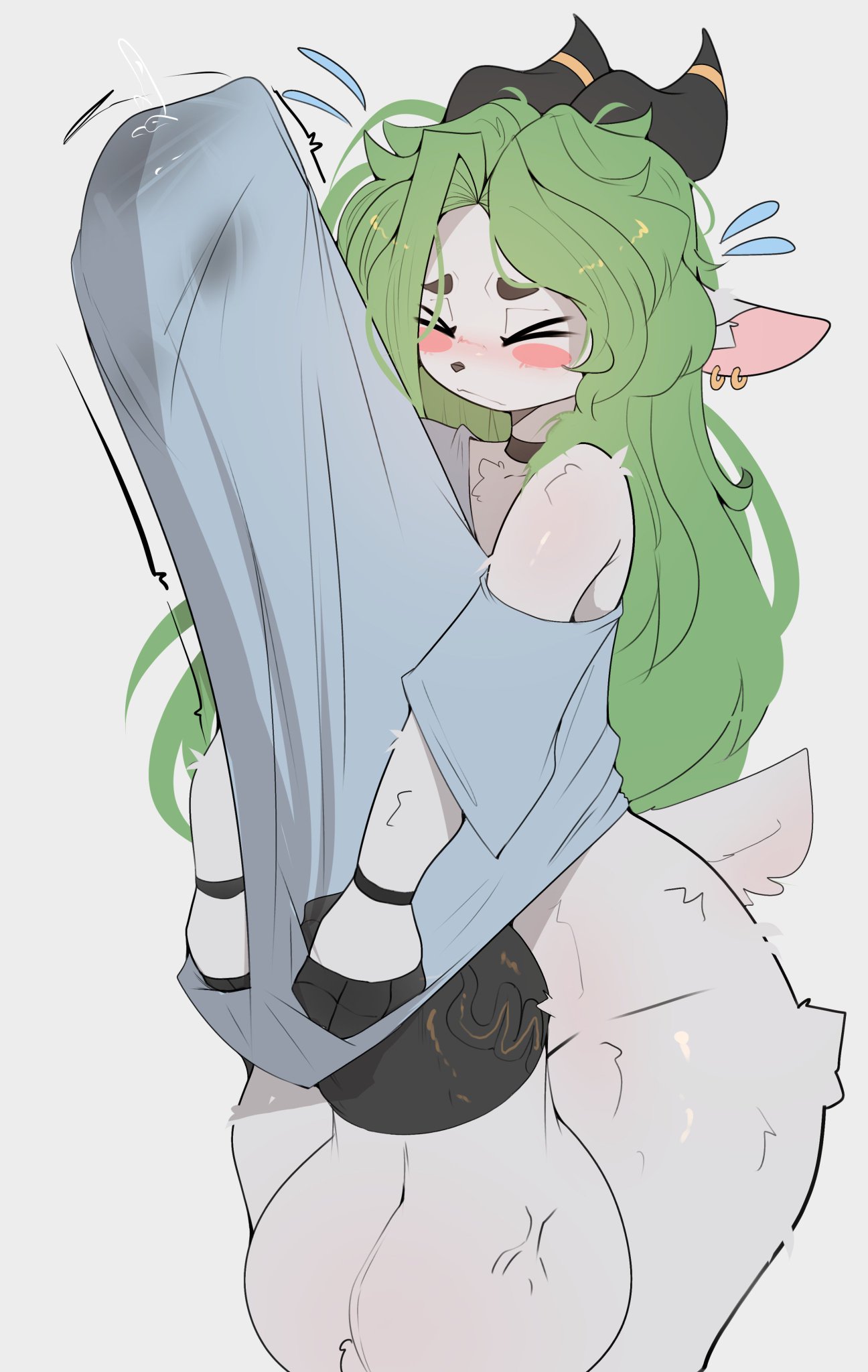 1futa, anthro, balls, breasts, caprine, drakenkoft, embarrassed, erection, furry, futa only, futanari, goat, green hair, huge balls, huge cock, nude, penis, solo, tagme, white fur