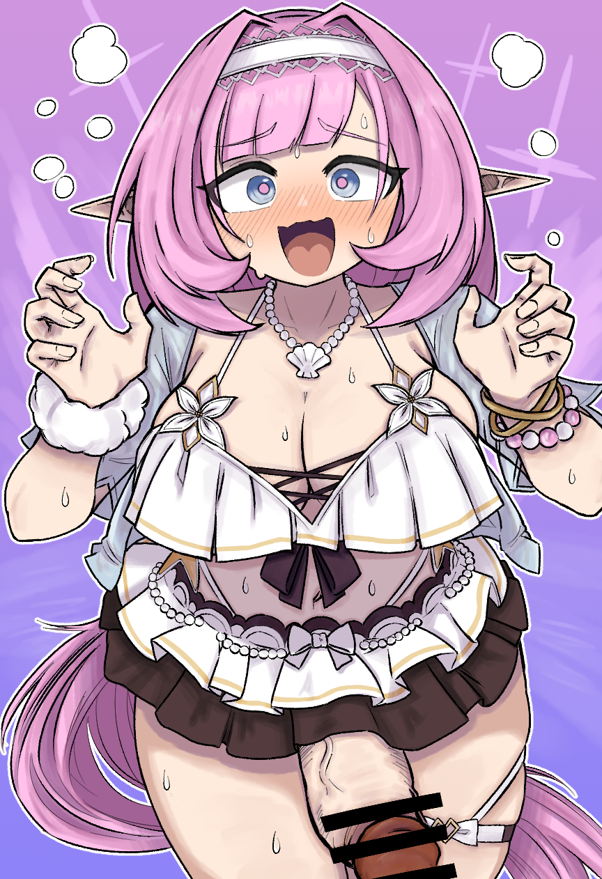1futa, bar censor, bikini, bikini skirt, blue eyes, bottomless, breasts, censored, chopingme, clothed, clothing, commentary, elf, elysia (honkai impact), elysia (miss pink elf) (honkai impact), elysia (summer miss elf) (honkai impact), embarrassed, english commentary, erection, frilled bikini, frills, futa only, futanari, highres, honkai (series), honkai impact 3rd, huge cock, human, large breasts, large penis, light skin, light-skinned futa, long hair, looking at viewer, mostly nude, open mouth, penis, pink hair, pointy ears, ponytail, solo, sweat, swimsuit, very long hair, white bikini