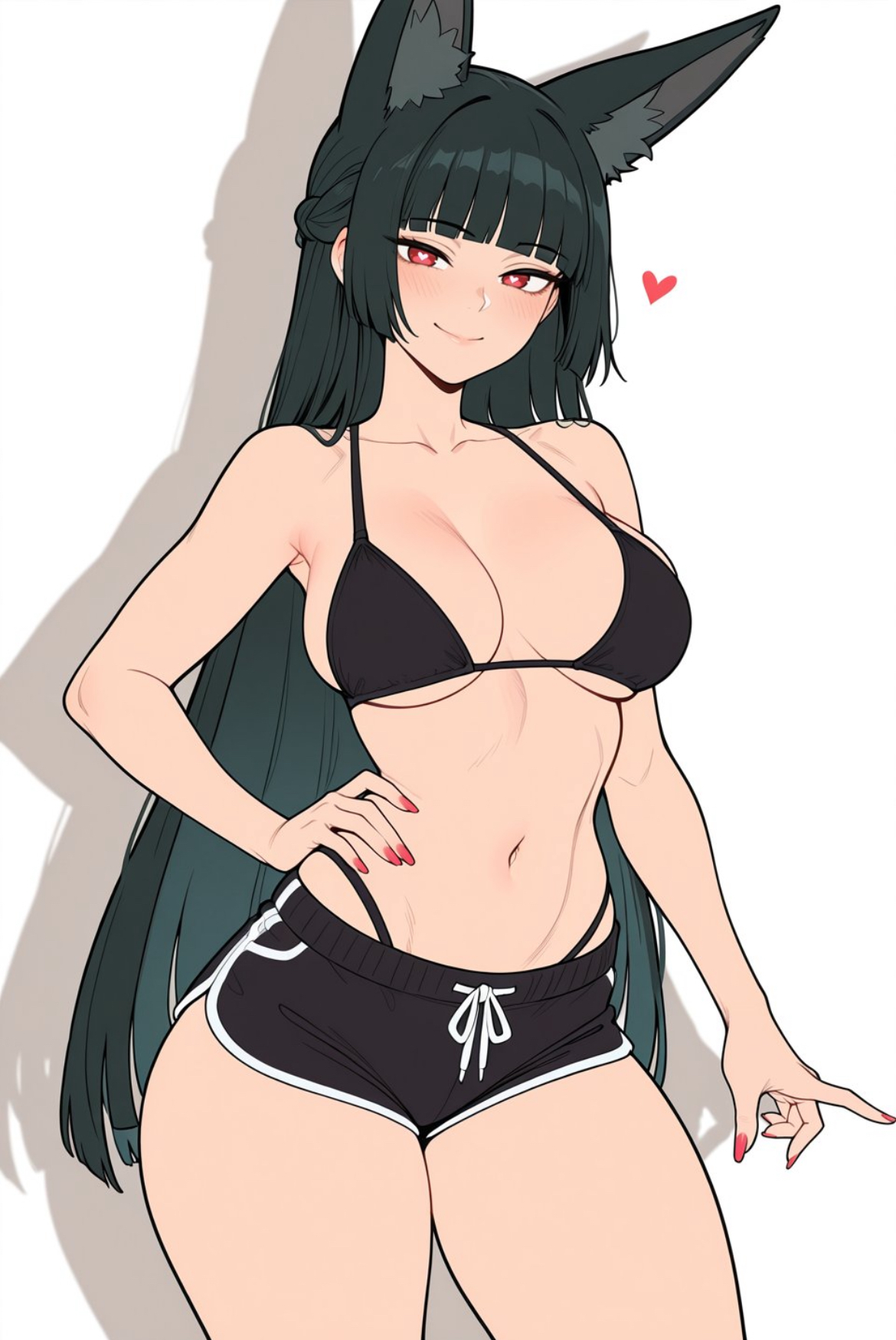 ai generated, artist request, bangs, big breasts, bikini top, black hair, bra, cat ears, curvy female, hand on hip, heart, hoshimi miyabi, long hair, midriff, short shorts, thick thighs, wide hips, zenless zone zero