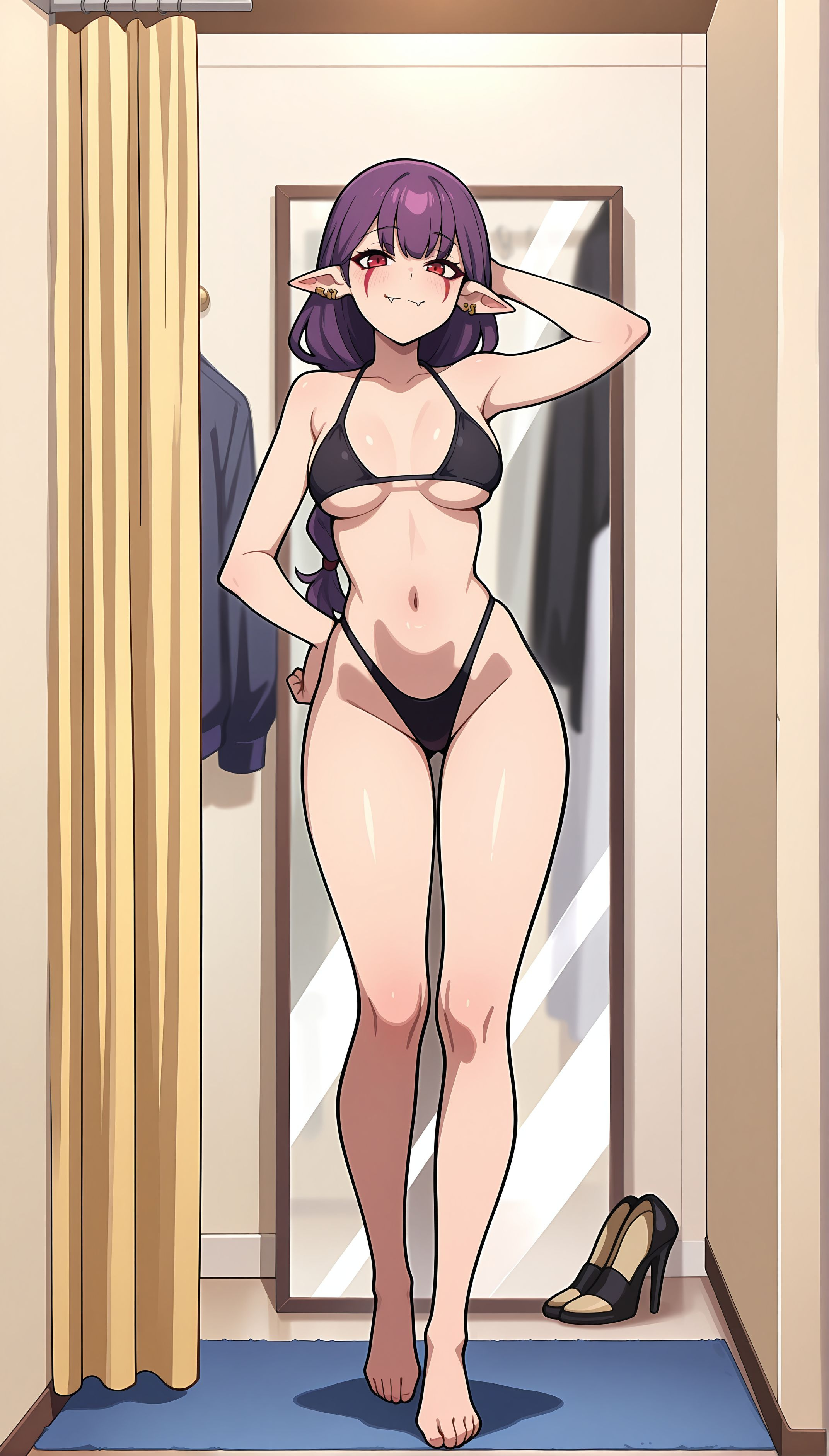 1girls, ai generated, barefoot, bikini, black bikini, dressing room, esil radiru, female, female only, phibsai, purple hair, red eyes, solo leveling, tagme