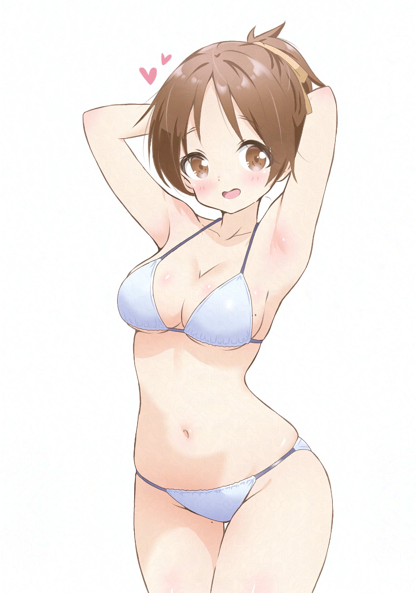 adversarial noise, arms behind head, bikini, blush, breasts, brown eyes, brown hair, cleavage, commentary request, cowboy shot, female, heart, highres, hitorilily, k-on!, looking at viewer, medium breasts, navel, open mouth, ponytail, short hair, simple background, solo, swimsuit, ui hirasawa (k-on!), white background, white bikini