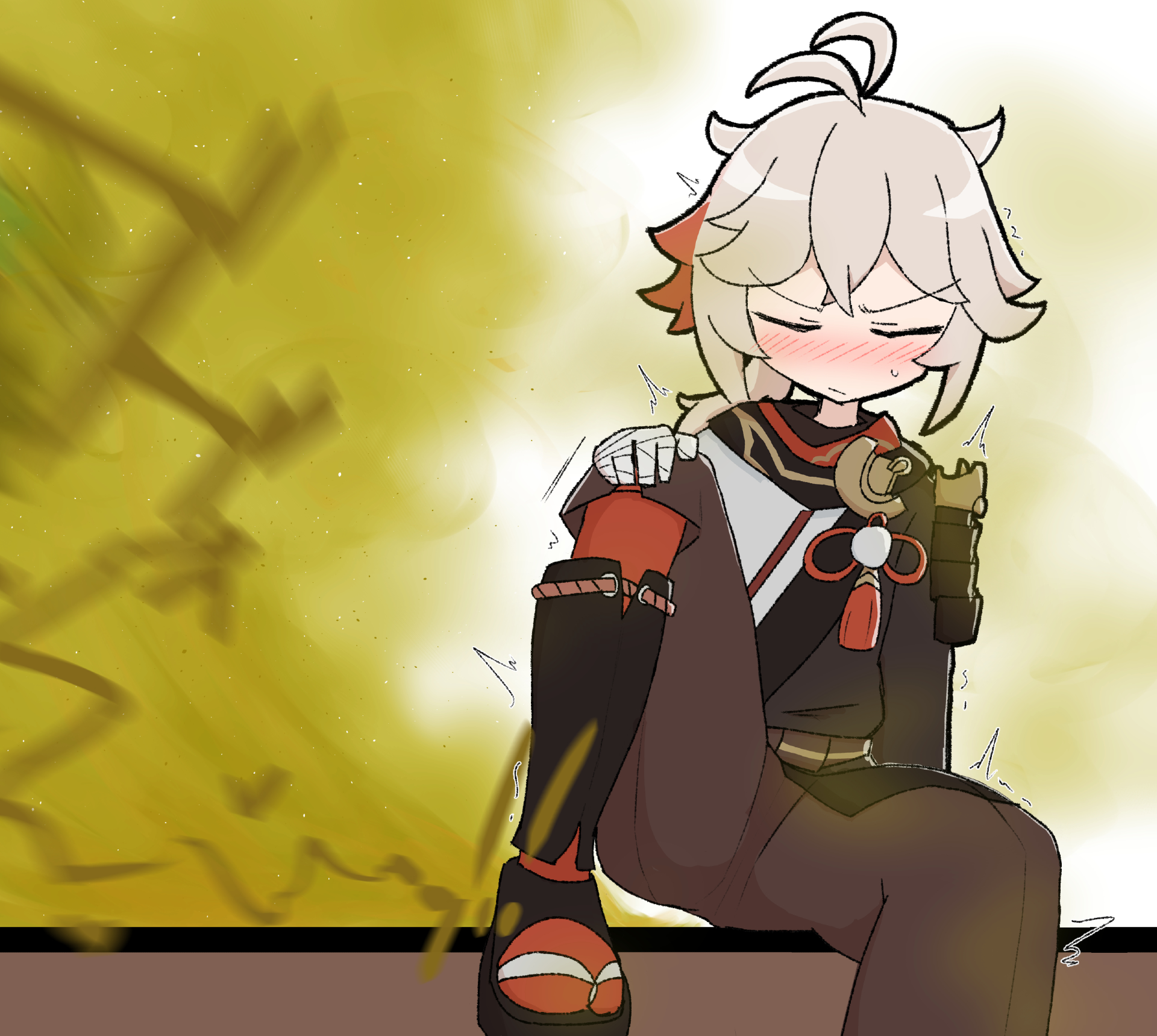 2boys, 2d, 2femboys, 2male, 2males, ahoge, alternate version available, annoyed, annoyed expression, annoyed face, blown away, blush, blush face, blush lines, blushed face, blushing face, blushing male, brown kimono, brown pants, closed eyes, deleted source, embarrassed, embarrassed male, fart, fart cloud, fart everywhere, fart fetish, farting, farting on another, femboy, femboy fart, femboy/femboy, focused, focused expression, genshin impact, green fart, green fart cloud, green gas, green gas cloud, green hat, hyper fart, hyper farting, hyperfart, japanese clothing, japanese text, kaedehara kazuha, kazuha (genshin impact), kimono, lifting leg, male fart, male only, male/femboy, male/male, onomatopoeia, quivering, shaking, shaking body, simple background, simple shading, straining, sweat, sweatdrop, sweating, venti (genshin impact), white hair, white kimono