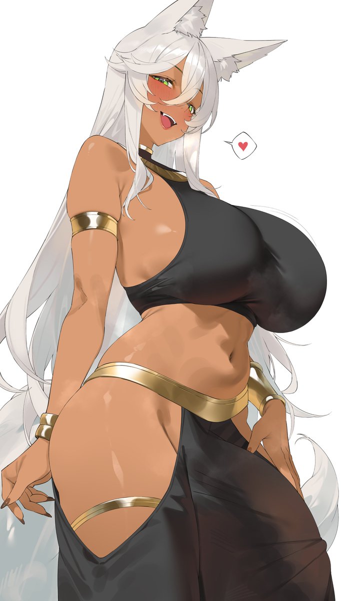 1futa, animal ears, black clothing, blush, breasts, bulge, byeon dha, clothed, clothing, dark skin, dark-skinned futa, erection under clothes, fangs, fox ears, fox girl, futa only, futanari, heart symbol, hip vent, huge cock, humanoid, kemonomimi, mostly clothed, penis, sideboob, solo, standing, tagme, white background, white hair, yellow eyes