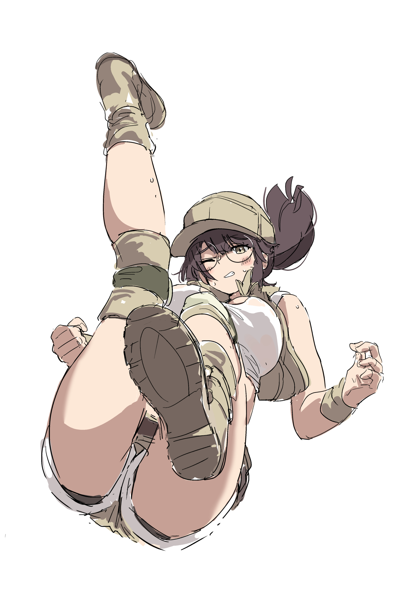 absurdres, ass, baseball cap, blush, boots, breasts, brown eyes, brown hair, crop top, female, field cap, fio germi, glasses, hat, highres, huanxiang huifeng, knee pads, large breasts, metal slug, one eye closed, ponytail, round eyewear, shorts, solo, takamiyadaira, tank top, utility vest, vest, white background, white tank top, wristband